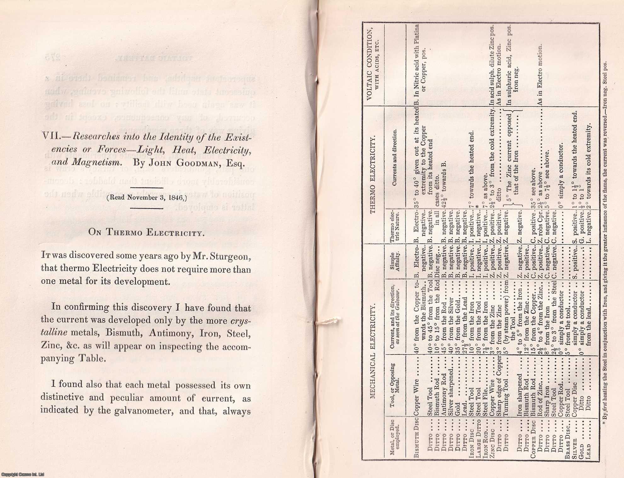 John Goodman - 1848: Researches into the Identity of the Existencies or Forces - Light, Heat, Electricity, and Magnetism. An original article from the Memoirs of the Literary and Philosophical Society of Manchester, 1848.