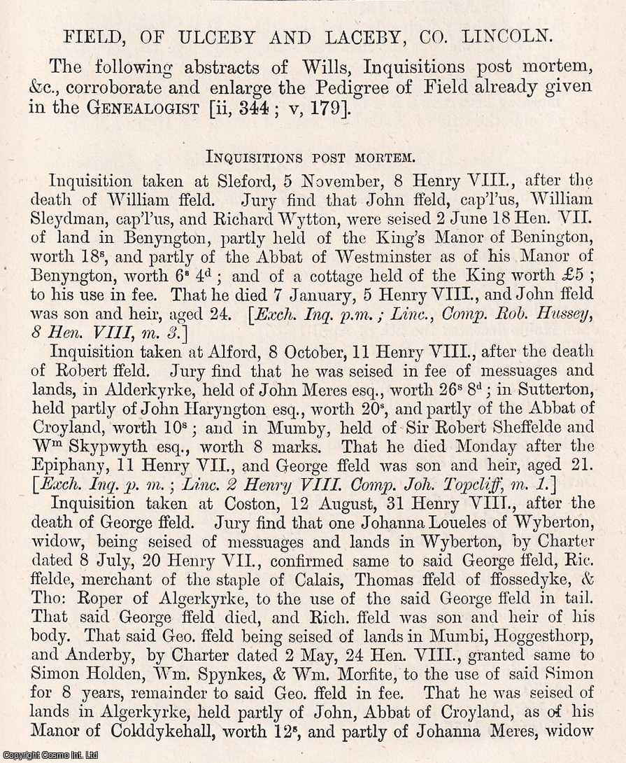 W. G. Dimock Fletcher - Field, of Ulceby and Laceby, Lincoln. An original article from The Genealogist, 1884.
