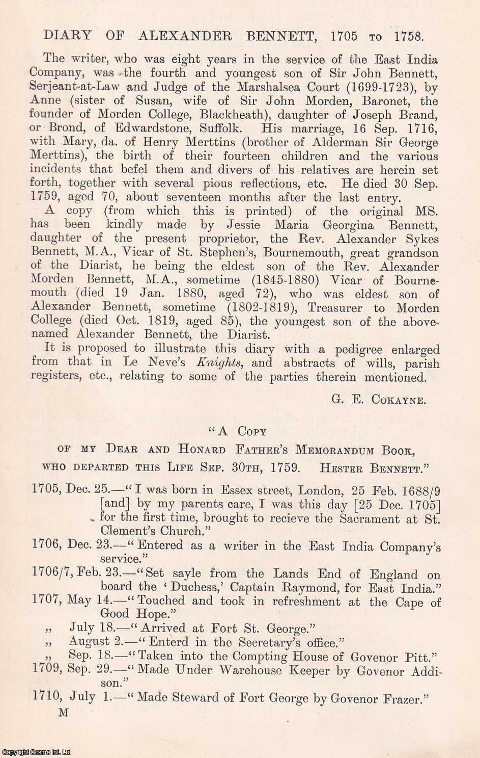 G. E. Cokayne, Clarenceux King of Arms - Diary of Alexander Bennett, 1705 to 1758. An original article from The Genealogist, 1903.