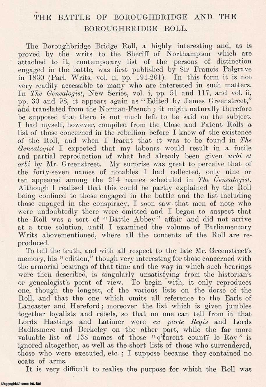Vicary Gibbs - The Battle of Boroughbridge and The Boroughbridge Roll. An original article from The Genealogist, 1904.