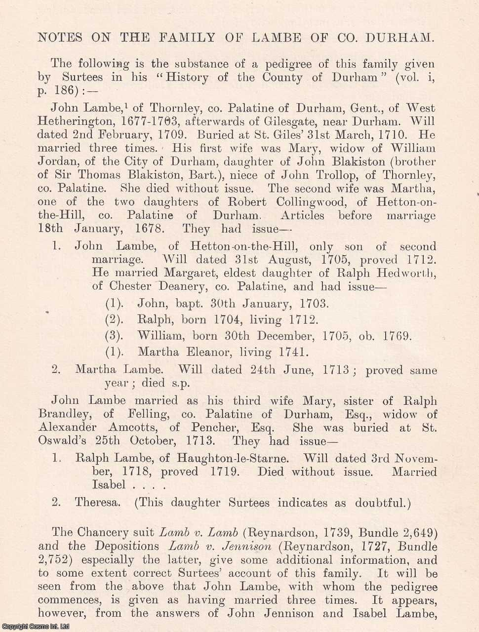A. J. C. Guimaraens - The Family of Lambe of Durham. An original article from The Genealogist, 1909.