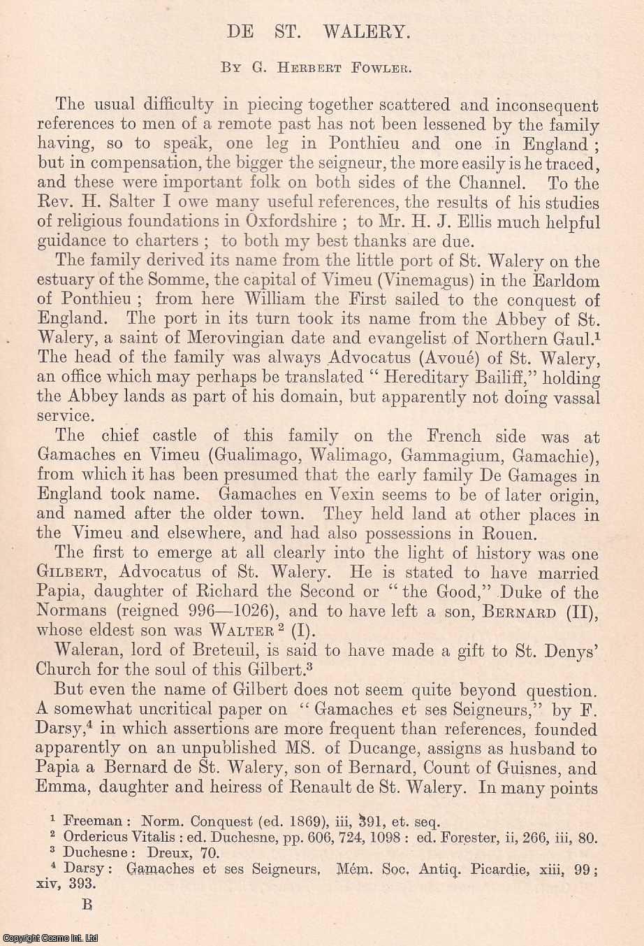 G. Herbert Fowler - De St. Walery. An original article from The Genealogist, 1914.