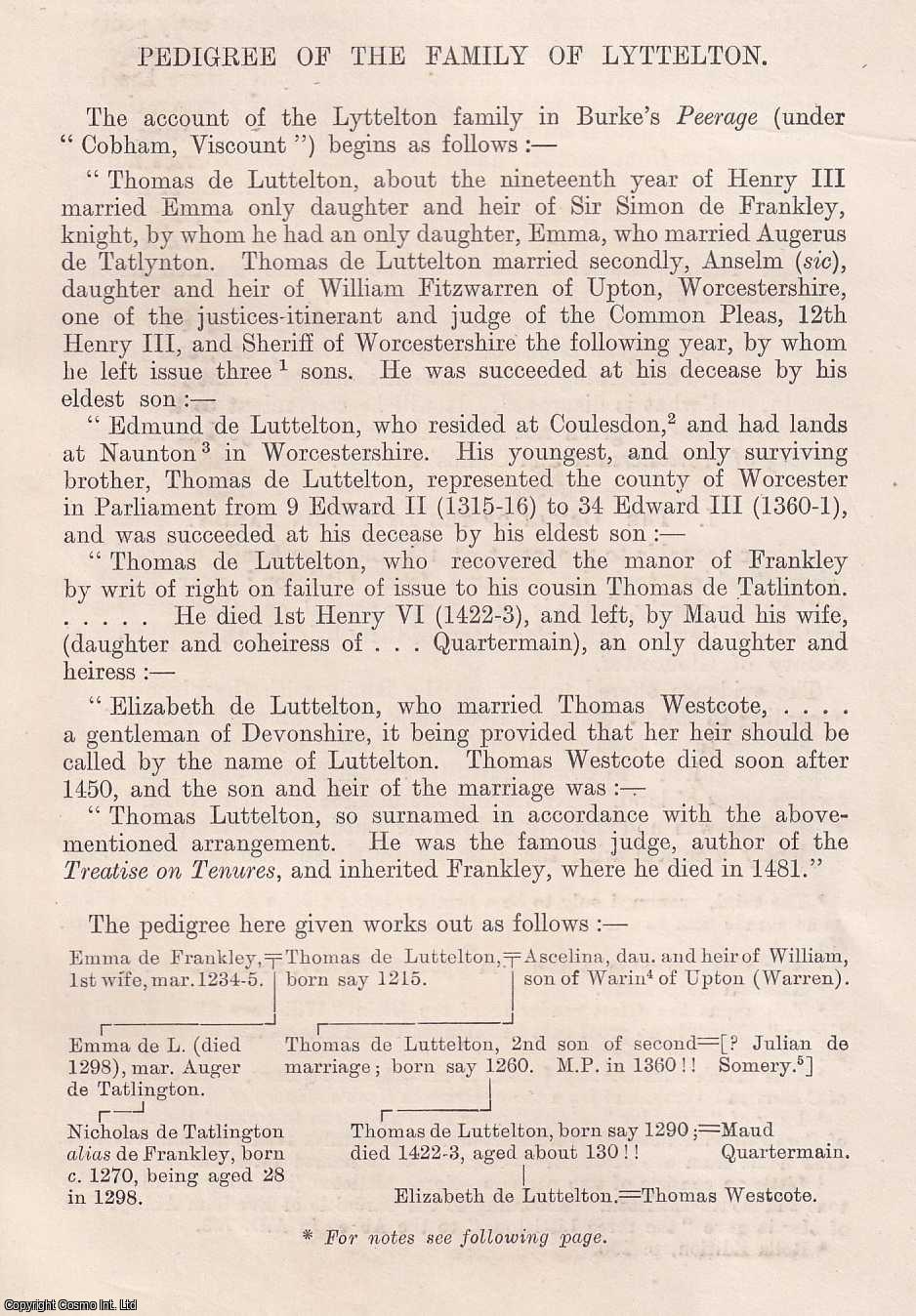 William F. Carter - Pedigree of The Family of Lyttelton. An original article from The Genealogist, 1920.