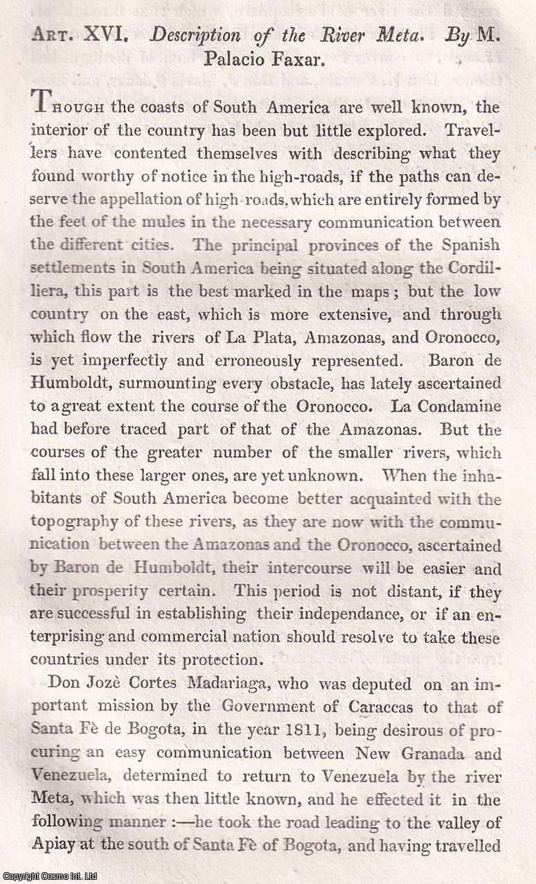 COLUMBIA, SOUTH AMERICA - The River Meta, South America, by Palacio Faxar. An uncommon original article from the Journal of Science and the Arts, 1817.