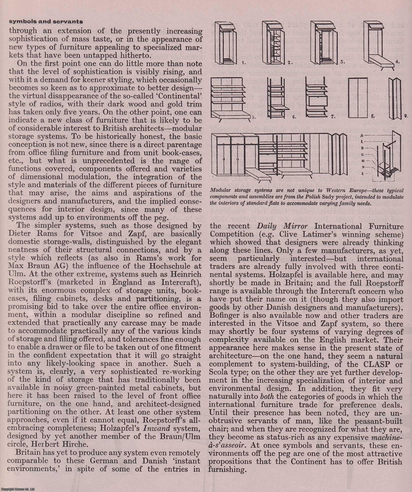 FLAT PACK FURNITURE - Modular Furniture and Storage Systems; Holzapfel, Therma, Bofinger, Roepstorff, Latimer, Hille. This is an original article from The Architectural Review, 1963.