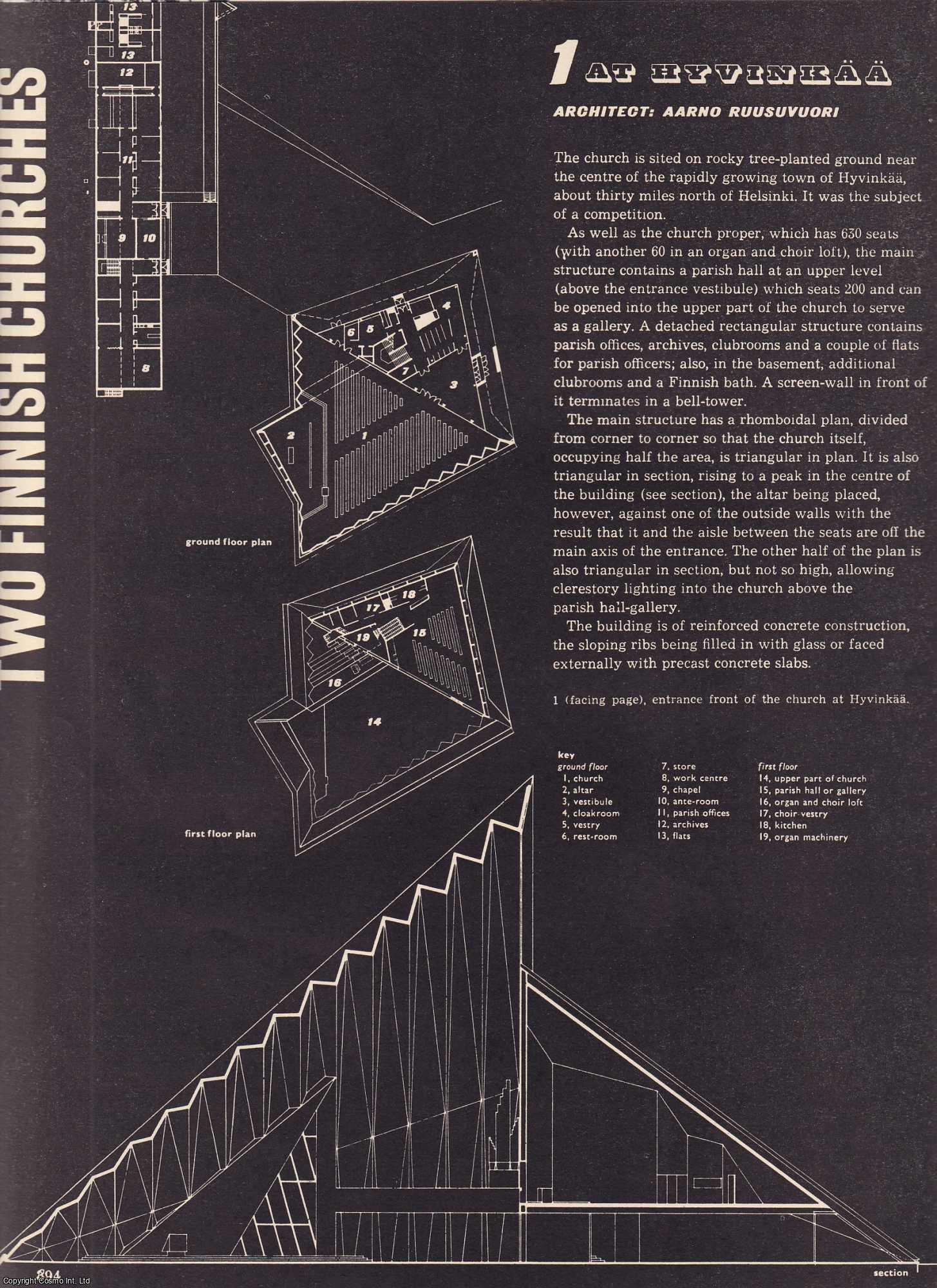 FINLAND - Two Finnish Churches; Hyvinkaa, Architect Aarno Ruusuvuoriu; Cemetery Chapel at Vatiala, Architect Viljo Rewell. This is an original article from The Architectural Review, 1963.