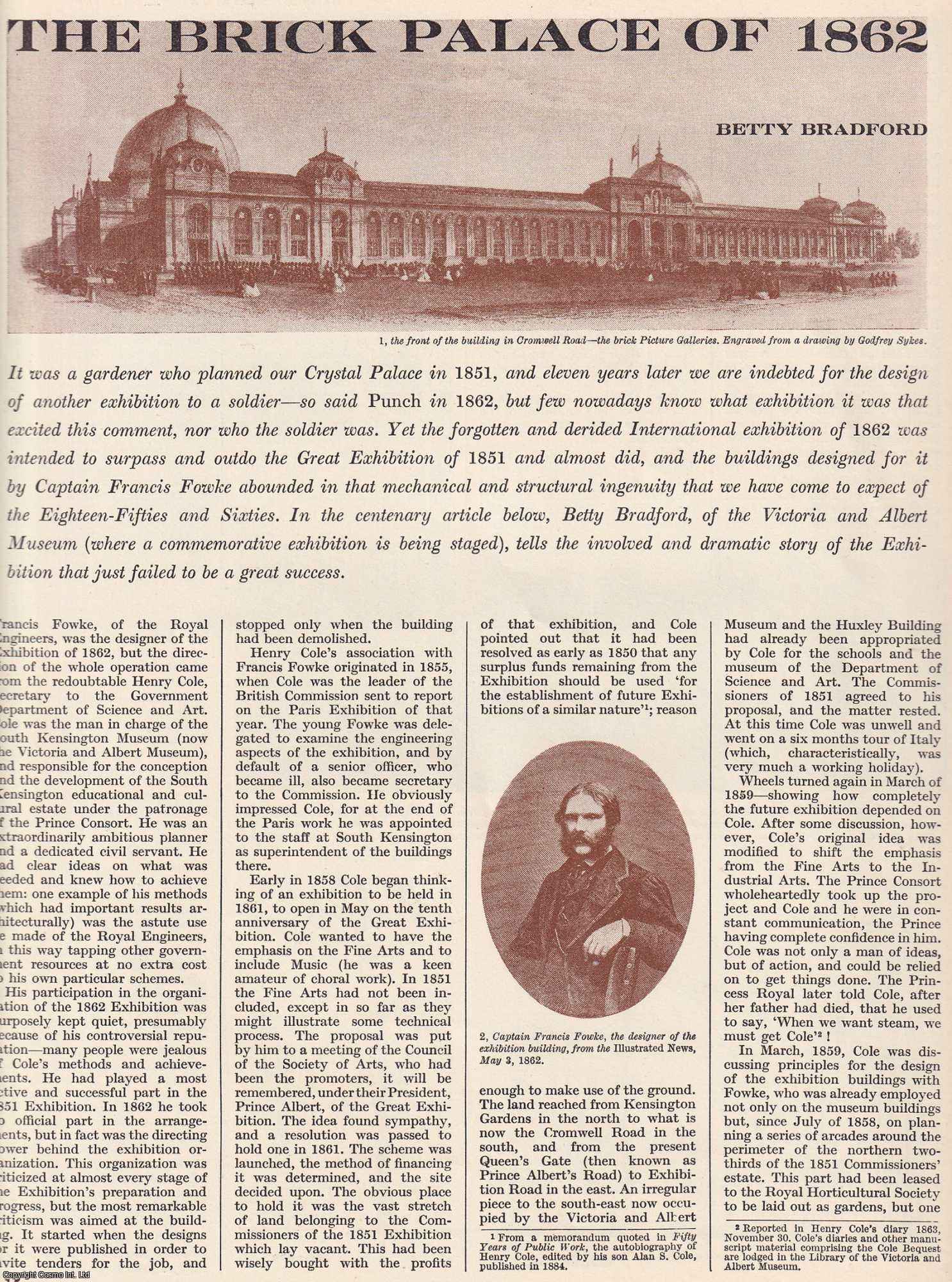 1862 INTERNATIONAL EXHIBITION - The Brick Palace of 1862. The successor to the Crystal Palace of 1851. By Betty Bradford, of the V&A Museum. This is an original article from The Architectural Review, 1962.
