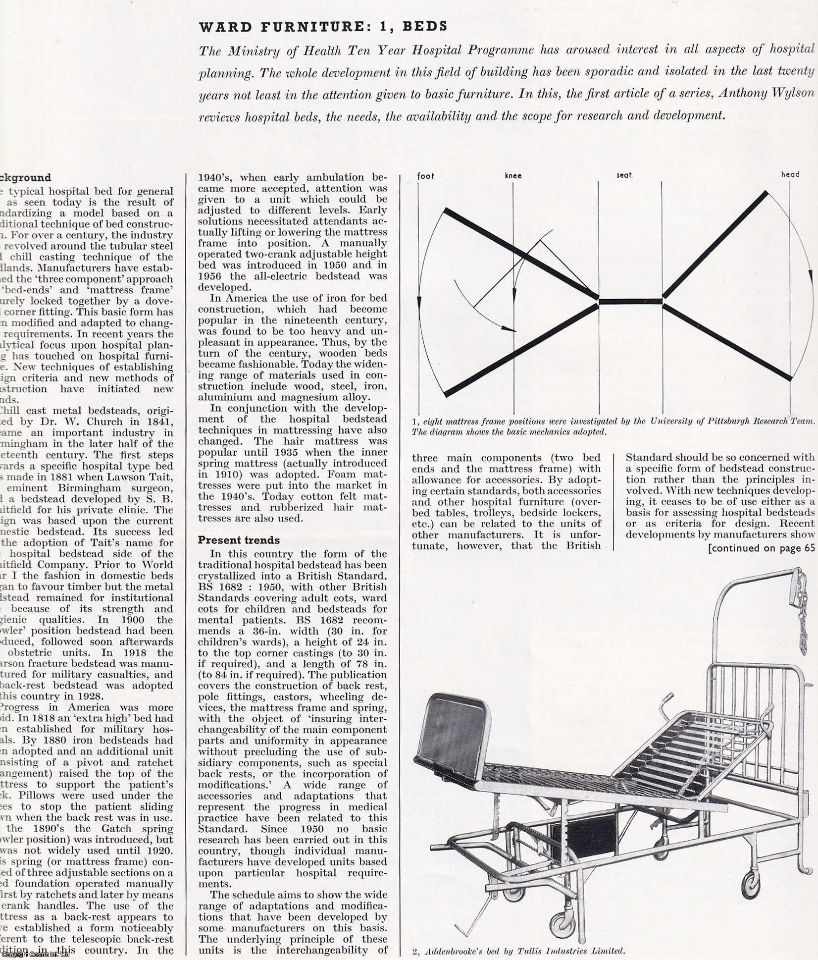 HOSPITAL FURNITURE - Ward Furniture; Hospital Beds, Bedside Lockers, Overbed Tables, and Screening. The Ministry of Health Ten Year Hospital Programme. By Anthony Wylson. This is an original article from The Architectural Review, 1962.