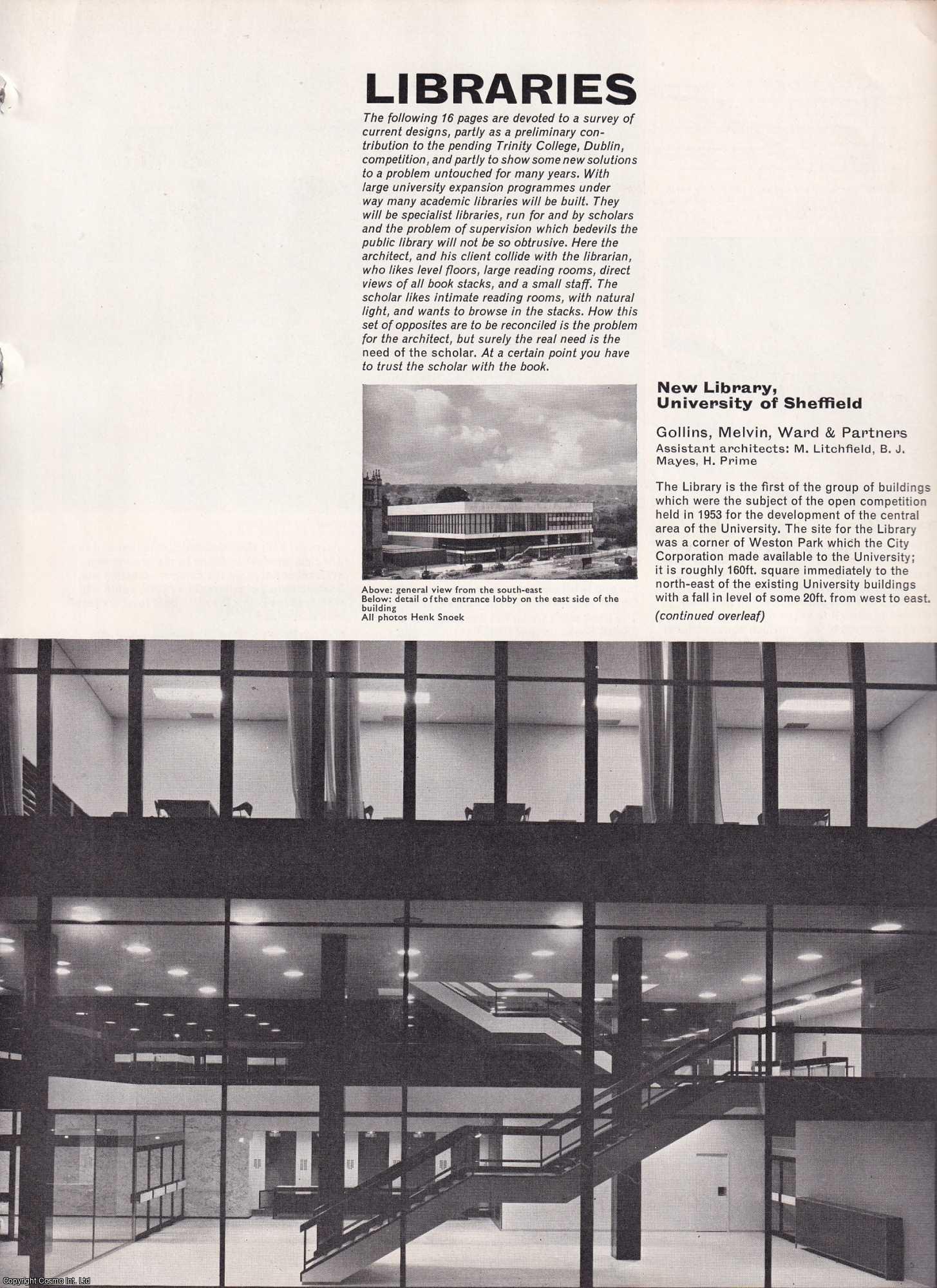 LIBRARIES - Libraries. Designs to illustrate the challenges in designing new university libraries to accompany the expansion of higher eductation in the 1950s. This is an original article from The Architectural Review, 1955.