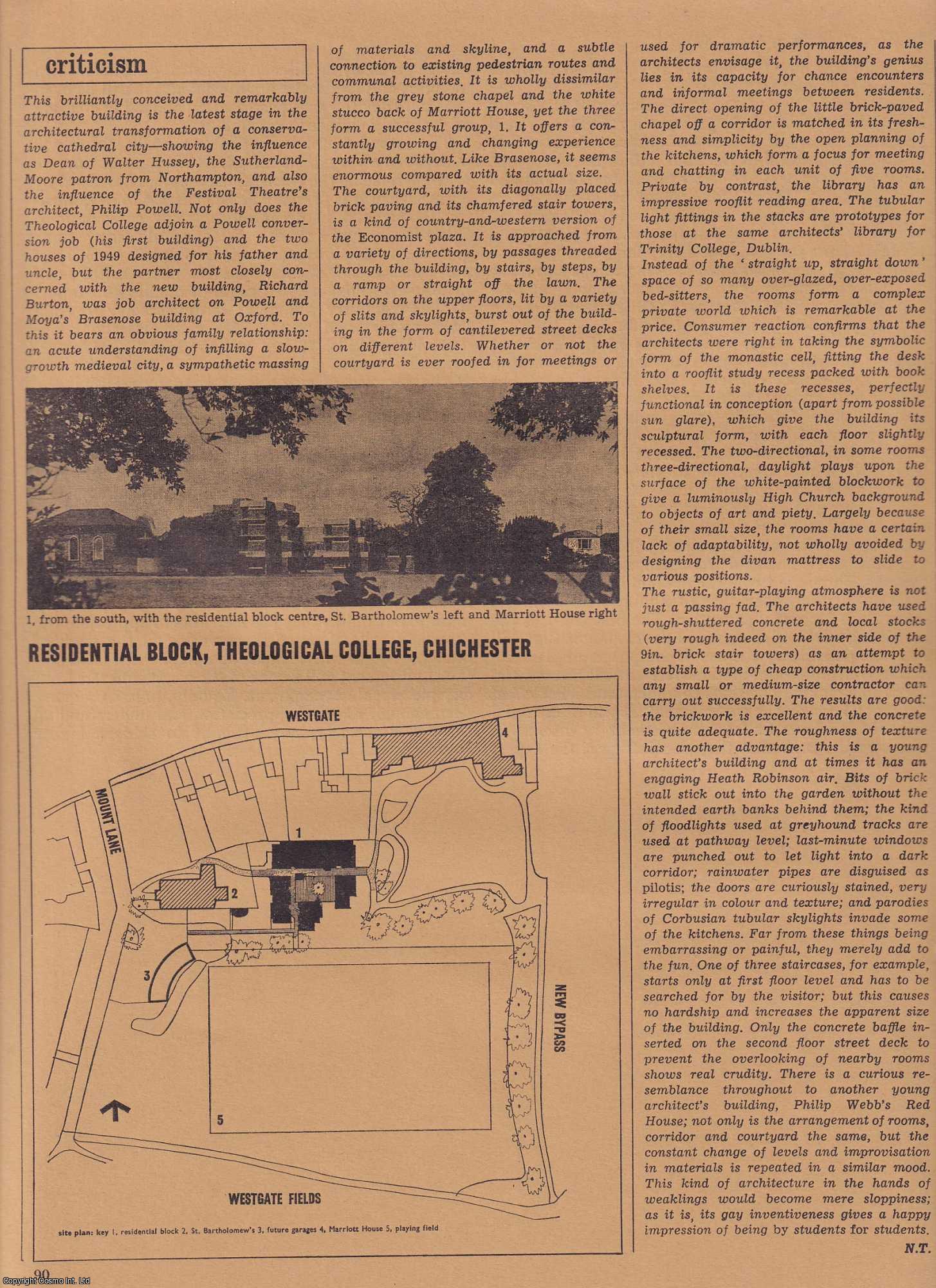 CHICHESTER THEOLOGICAL COLLEGE - Residential Block, Theological College, Chichester. Architects; Ahrends, Burton & Koralek. This is an original article from The Architectural Review, 1965.