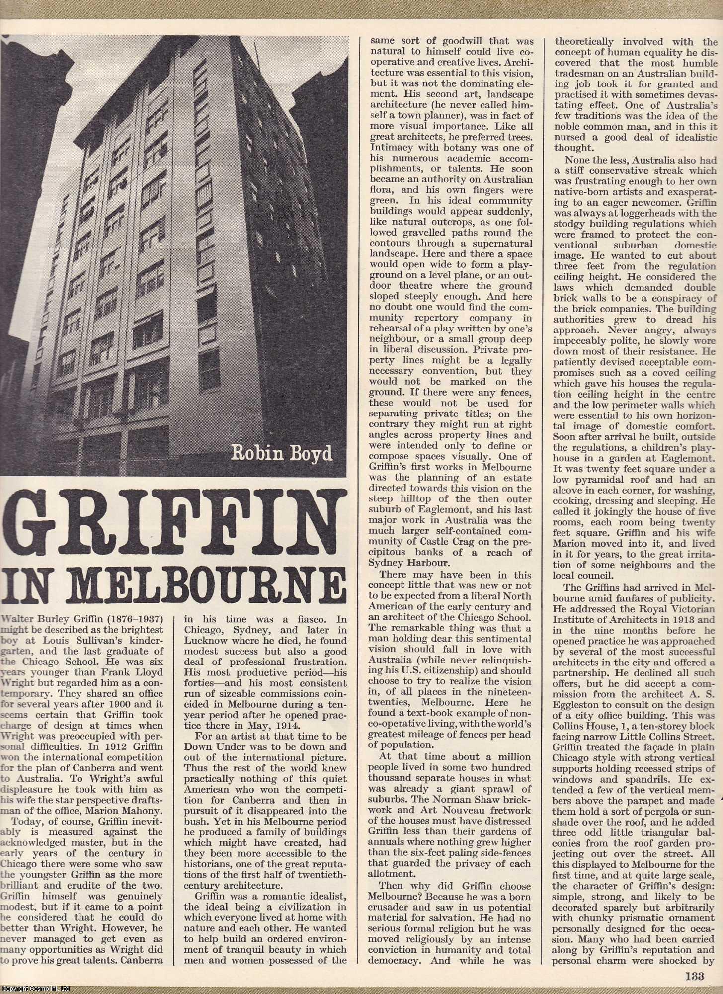 AUSTRALIAN ARCHITECTURE - Walter Burley Griffin (1876-1937) : Griffin in Melbourne. By Robin Boyd. This is an original article from The Architectural Review, 1965.