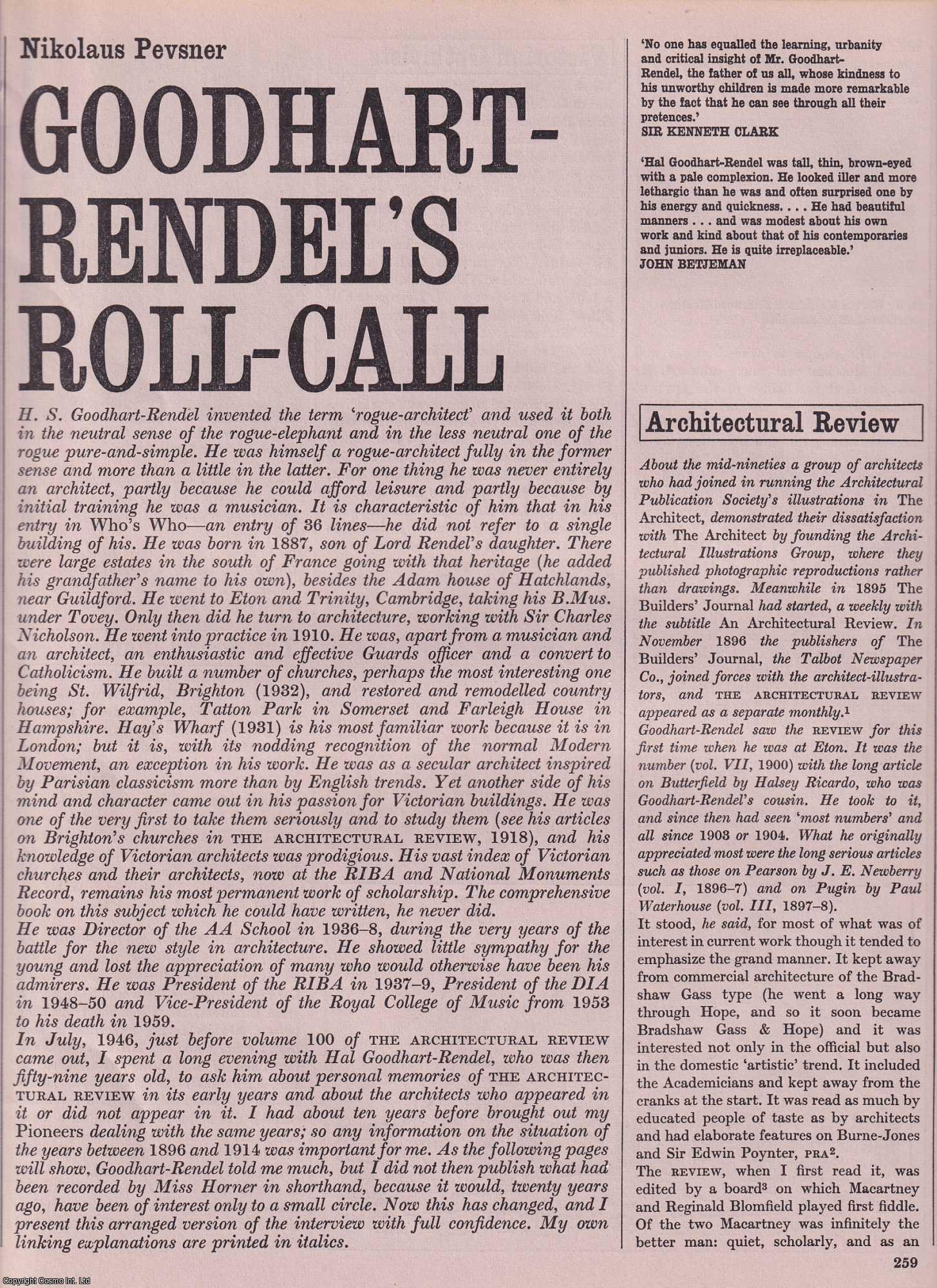 ROGUE ARCHITECT - Goodhart-Rendel's Roll-Call; British architect, writer and musician. By Nikolaus Pevsner.This is an original article from The Architectural Review, 1965.