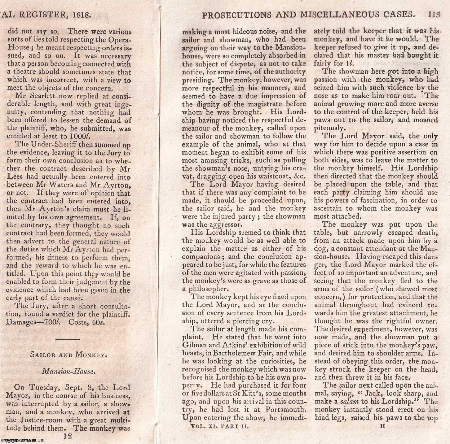 BIZARRE MONKEY DISPUTE - The Sailor and Monkey. A legal dispute between a Sailor, a Showman, and a Monkey at the Mansion House, heard by the Lord Mayor. An original article from The Edinburgh Annual Register, 1818.