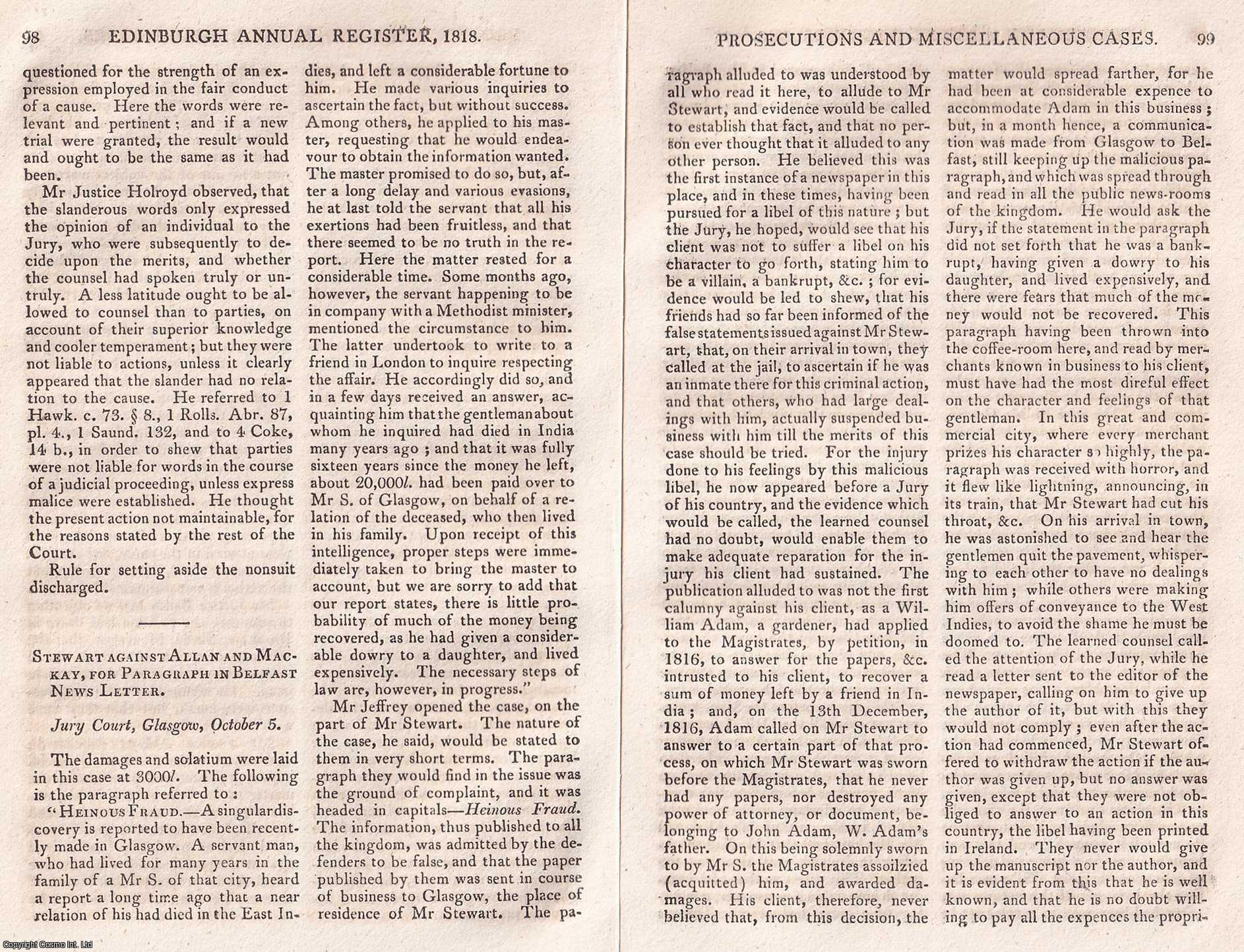 HEINOUS FRAUD - Stewart against Allan and Mackay, for a Paragraphy in the Belfast News Letter. An original article from The Edinburgh Annual Register, 1818.