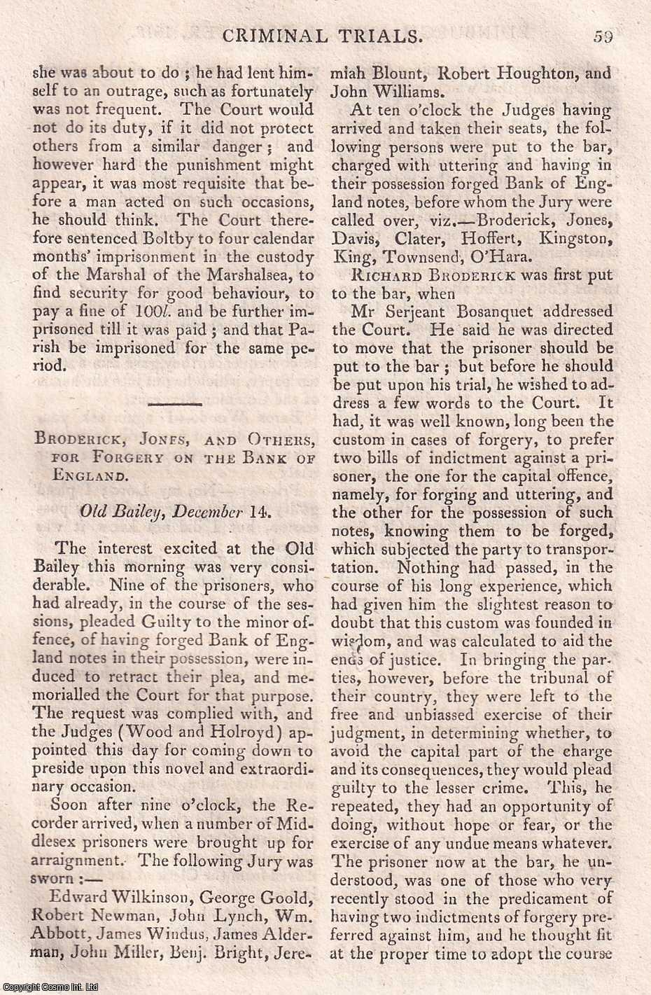 FORGERY - Broderick, Jones, and others for Bank Note Forgery on the Bank of England. An original article from The Edinburgh Annual Register, 1818.