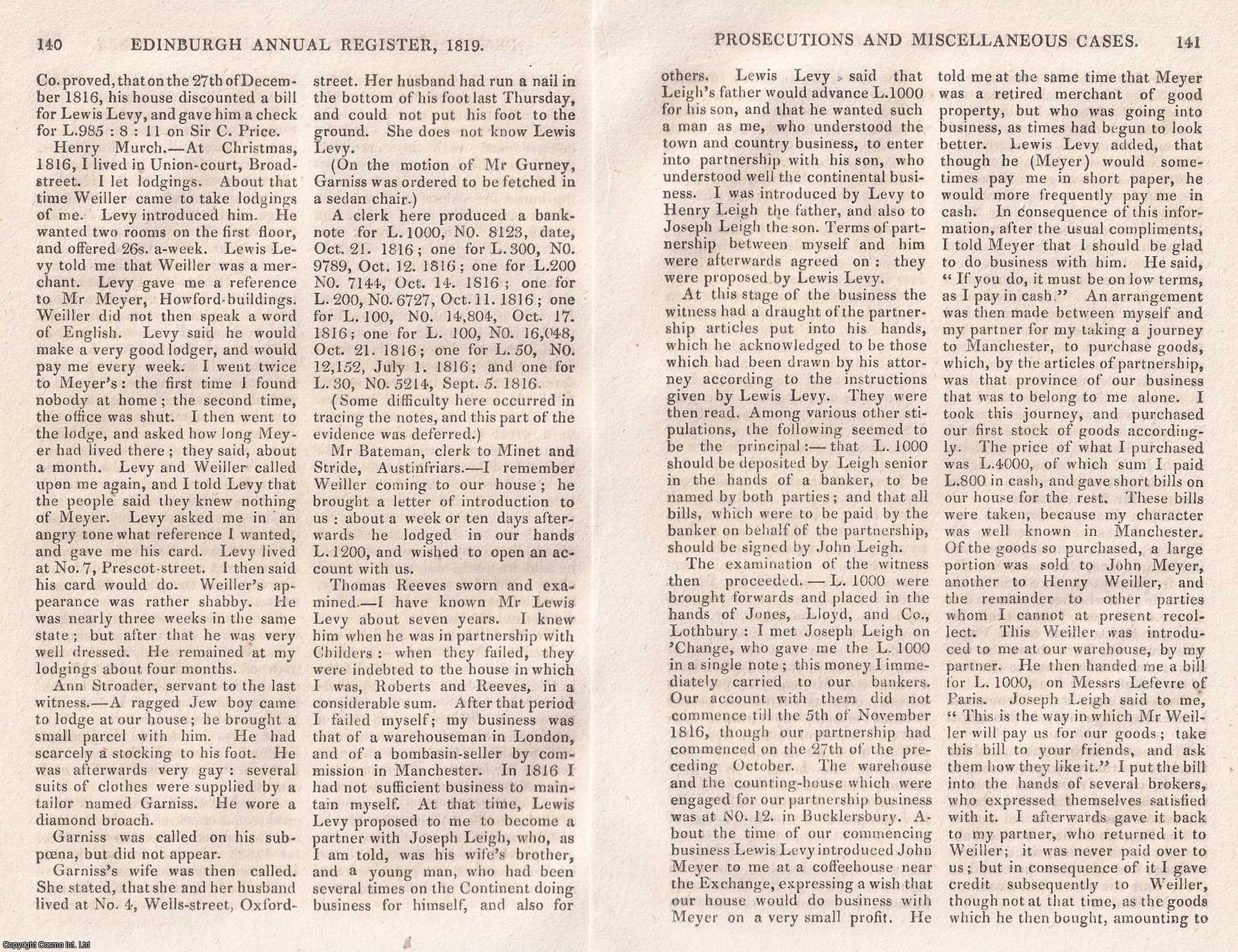 EXTENSIVE CONSPIRACY - John Kinnear, Mosely Woolf, and Lewis Levy. Commercial frauds against merchants and suppliers. Tried at the Court of King's Bech, April 20, 1819. An Original Article From The Edinburgh Annual Register, 1819.