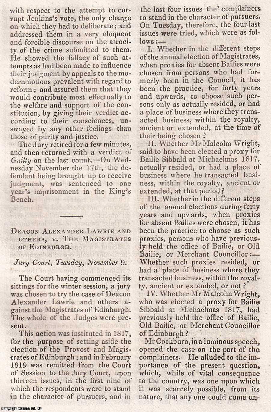 EDINBURGH - Deacon Alexander Lawrie and Others v. The Magistrates of Edinburgh. An action to set aside the election of the Provost and Magistrates of Edinburgh, Jury Court, November 1817. An original article from The Edinburgh Annual Register, 1819.