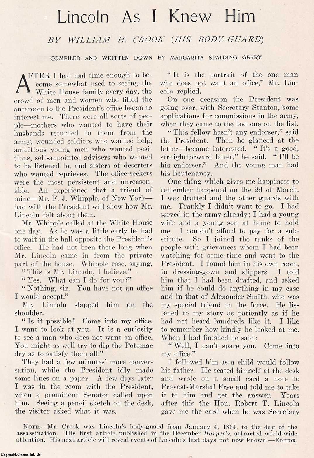 MURDER OF ABRAHAM LINCOLN - Lincoln As I Knew Him. By his Bodguard, William H. Crook. An original article from the Harper's Monthly Magazine, 1907.