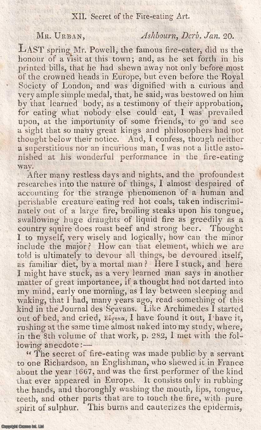 FIRE EATING - Robert Powell, the famour Fire-Eater. Secrets of the Fire Eating Art, by Philopyrphagus Ashburniensis, 1755. An original article from Walker's Selection of Curious Articles from the Gentleman's Magazine, published 1814.