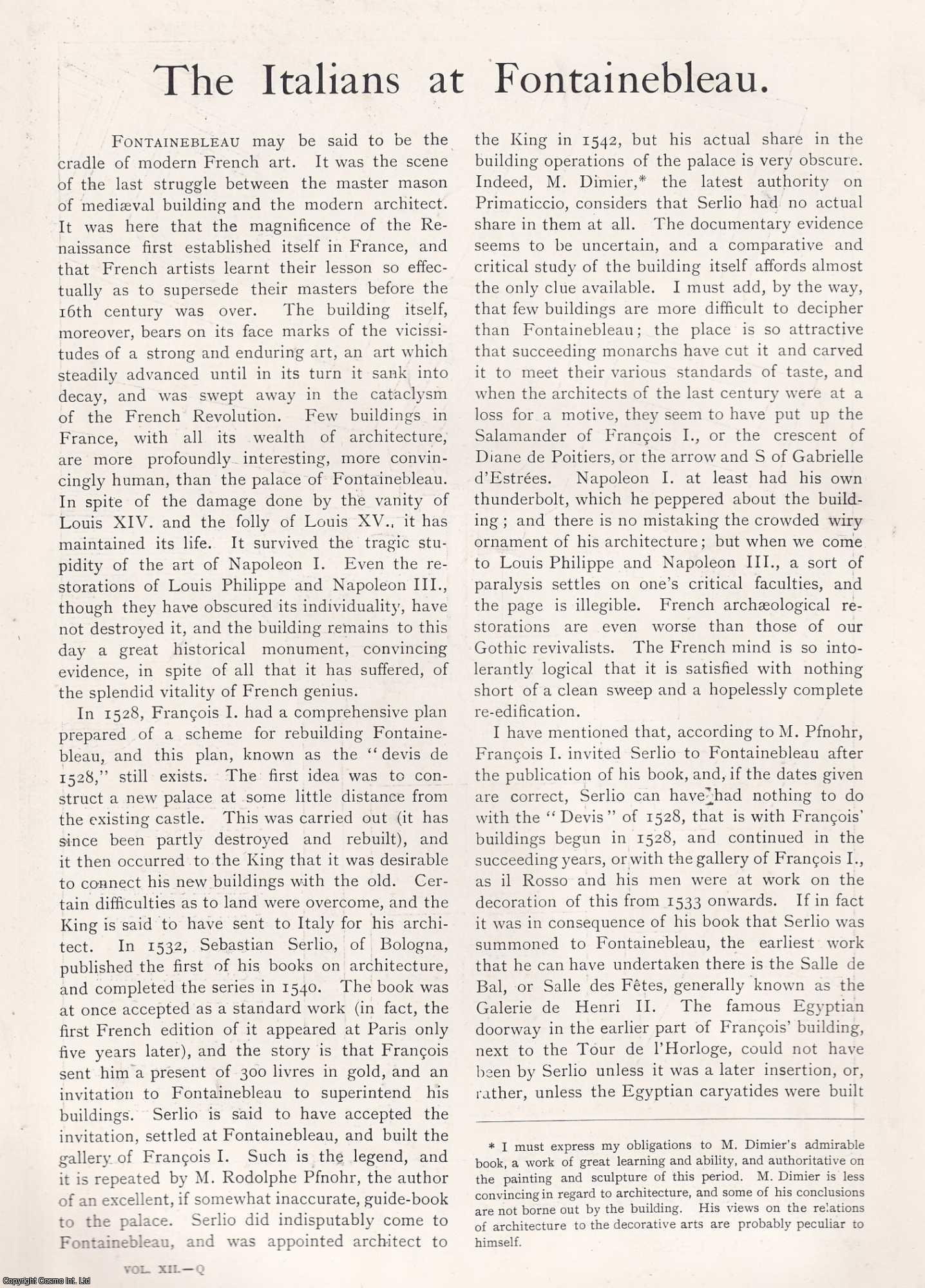 FONTAINEBLEAU - The Italians at Fontainebleau. By Reginald Blomfield. This is an original article from The Architectural Review, 1902.