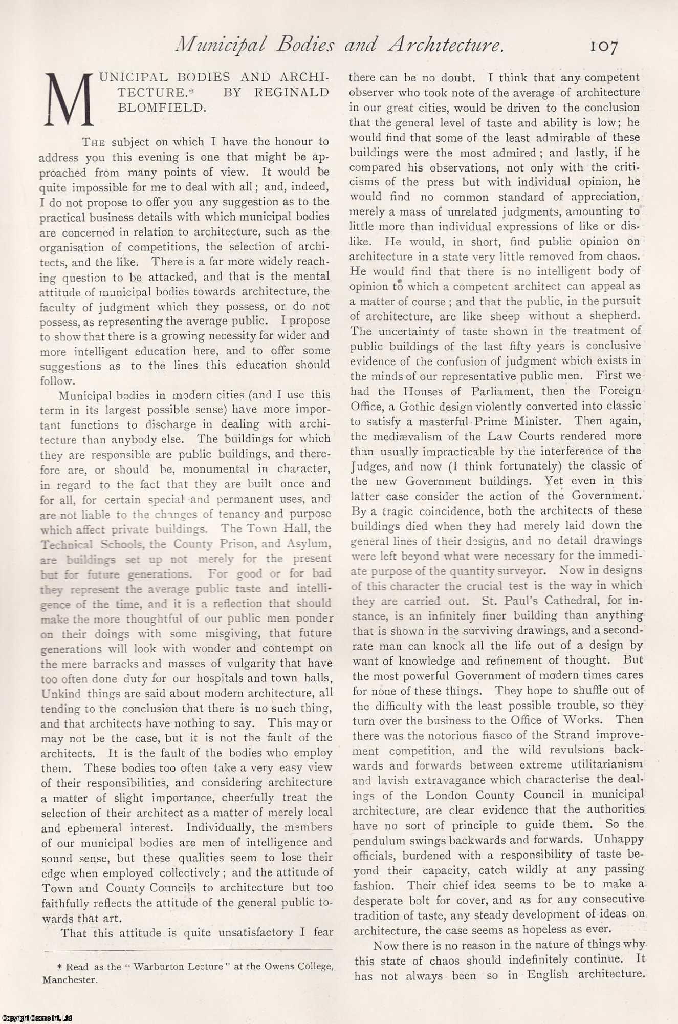 ARCHITECTURE - Municipal Bodies and Architecture, by Reginald Blomfield. This is an original article from The Architectural Review, 1902.