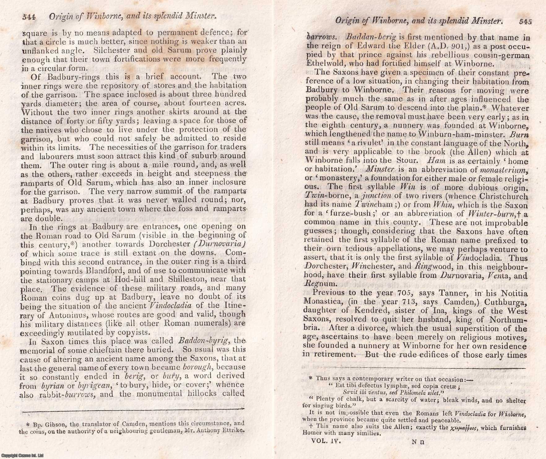 DORSET - Origin of Winborne, and its splendid Minister, 1800. An original article from Walker's Selection of Curious Articles from the Gentleman's Magazine, published 1814.