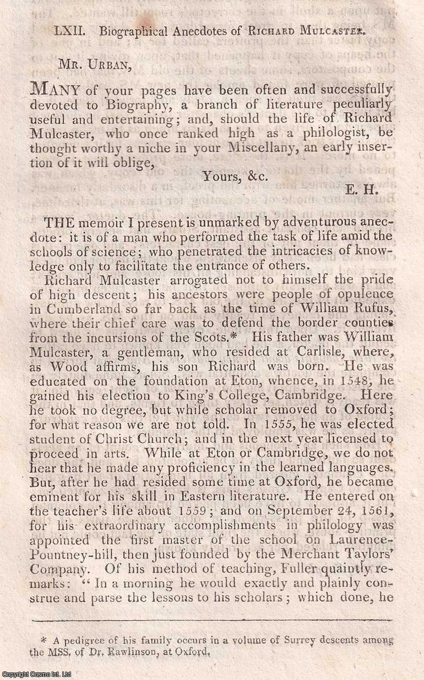 LEXICOGRAPHY - Richard Mulcaster : Biographical Anecdotes, 1800. An original article from Walker's Selection of Curious Articles from the Gentleman's Magazine, published 1814.