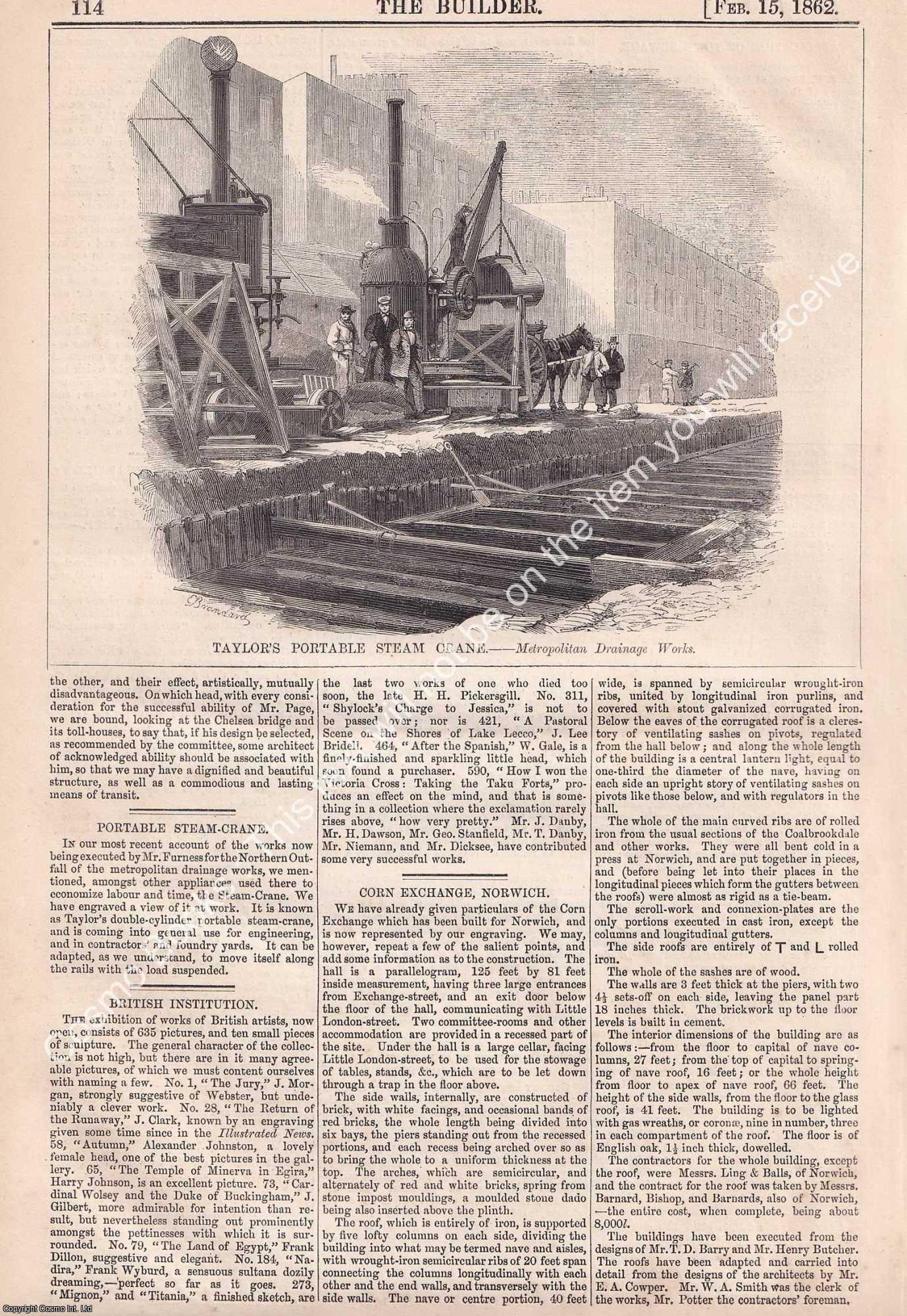 STEAM CRANE - 1862 : Taylor's Portable Steam Crane, used at the Metropolitan Drainage Works northern outfall. An original page from The Builder. An Illustrated Weekly Magazine, for the Architect, Engineer, Archaeologist, Constructor, & Art-Lover. 1862.