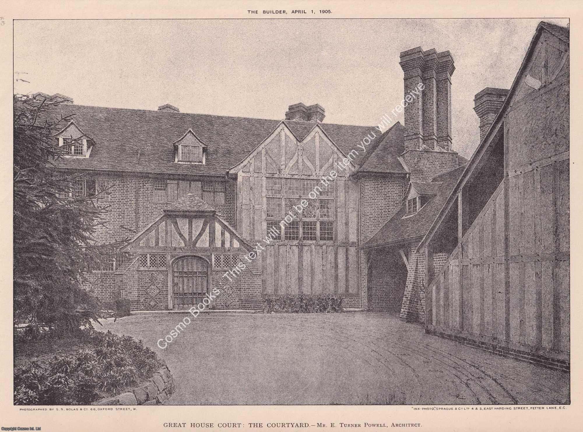 MODERN ENGLISH COUNTRY HOUSE - 1905 : Great House Court, The Courtyard and The Hall, East Grinstead, Sussex. Two original pages from The Builder. An Illustrated Weekly Magazine, for the Architect, Engineer, Archaeologist, Constructor, & Art-Lover.