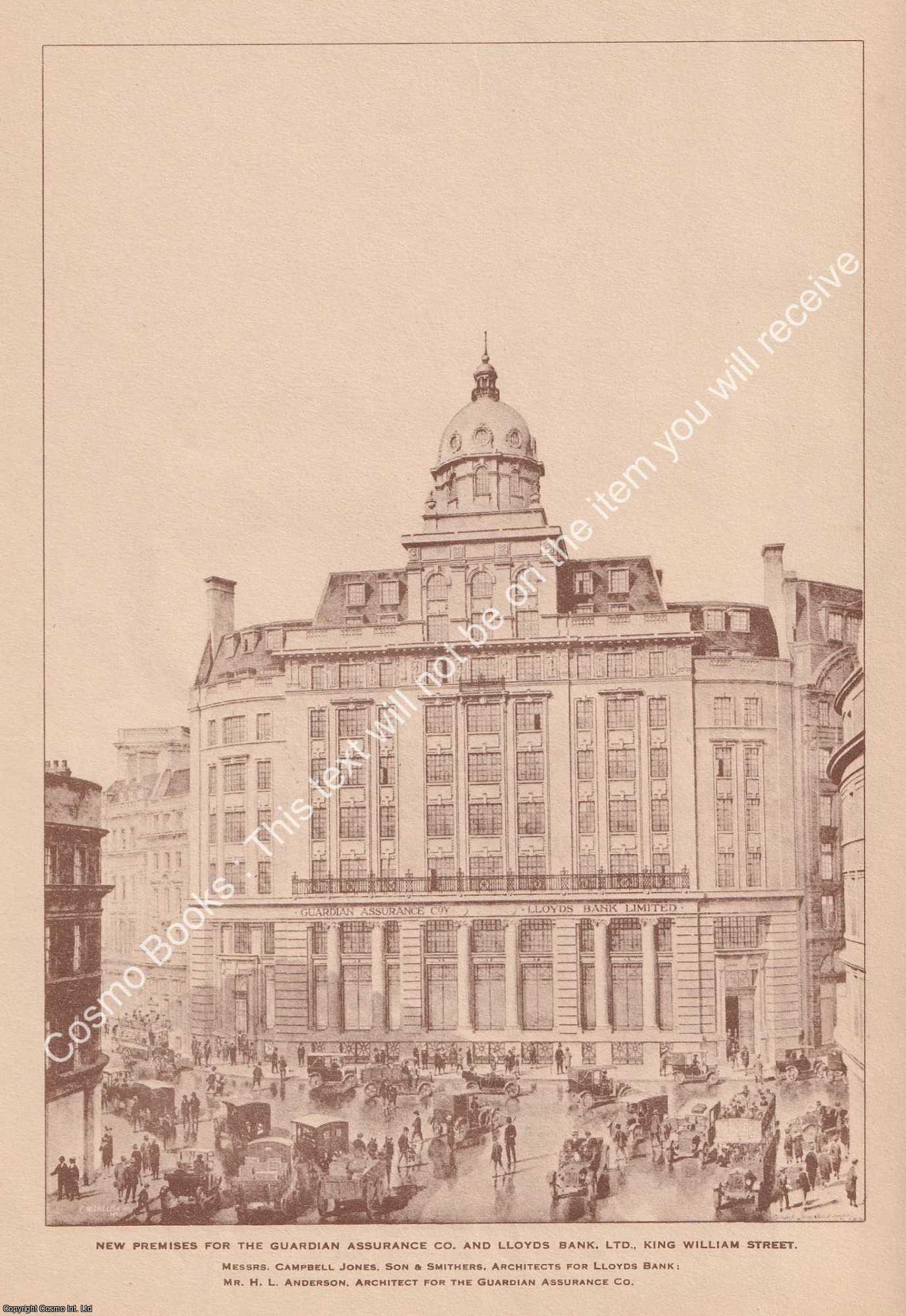 LONDON ARCHITECTURE - 1922 : Guardian Assurance & Lloyds Bank, New Building, King William Street. An original page from The Builder. An Illustrated Weekly Magazine, for the Architect, Engineer, Archaeologist, Constructor, & Art-Lover.