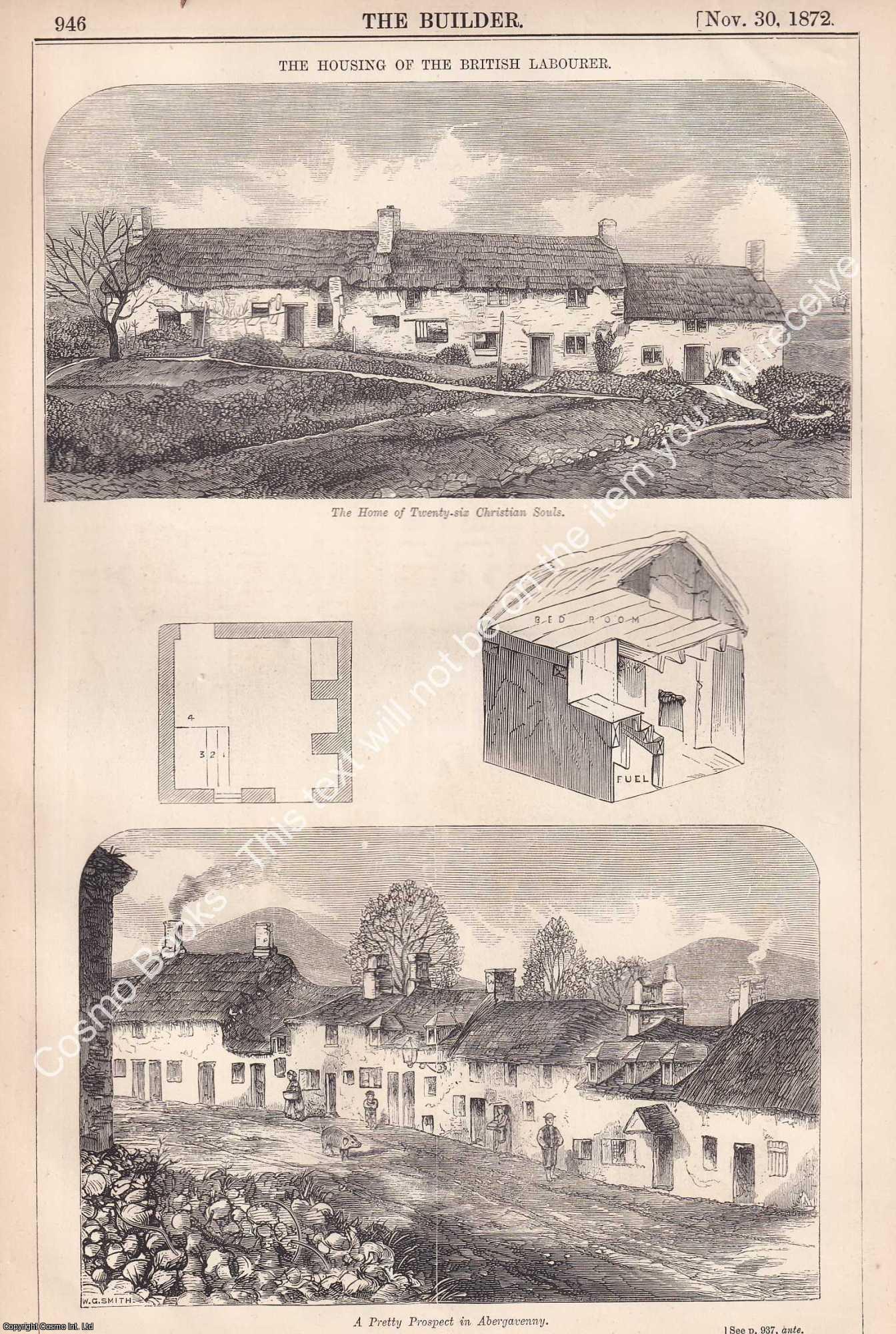RURAL HOUSING - 1872 : The Housing of the British Labourer; Labourers' Homes in Somersetshire. Two original pages from The Builder. An Illustrated Weekly Magazine, for the Architect, Engineer, Archaeologist, Constructor, & Art-Lover.