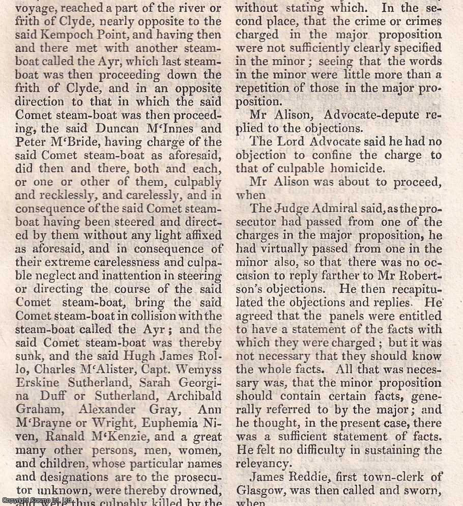 CRAIGNISH POINT, OBAN - The Comet Steam Boat. The trial of Duncan McInnes & Peter McBride for the wreck of The Comet, the first commercially successful steamboat service in Europe. An original article from The Edinburgh Annual Register, 1825.