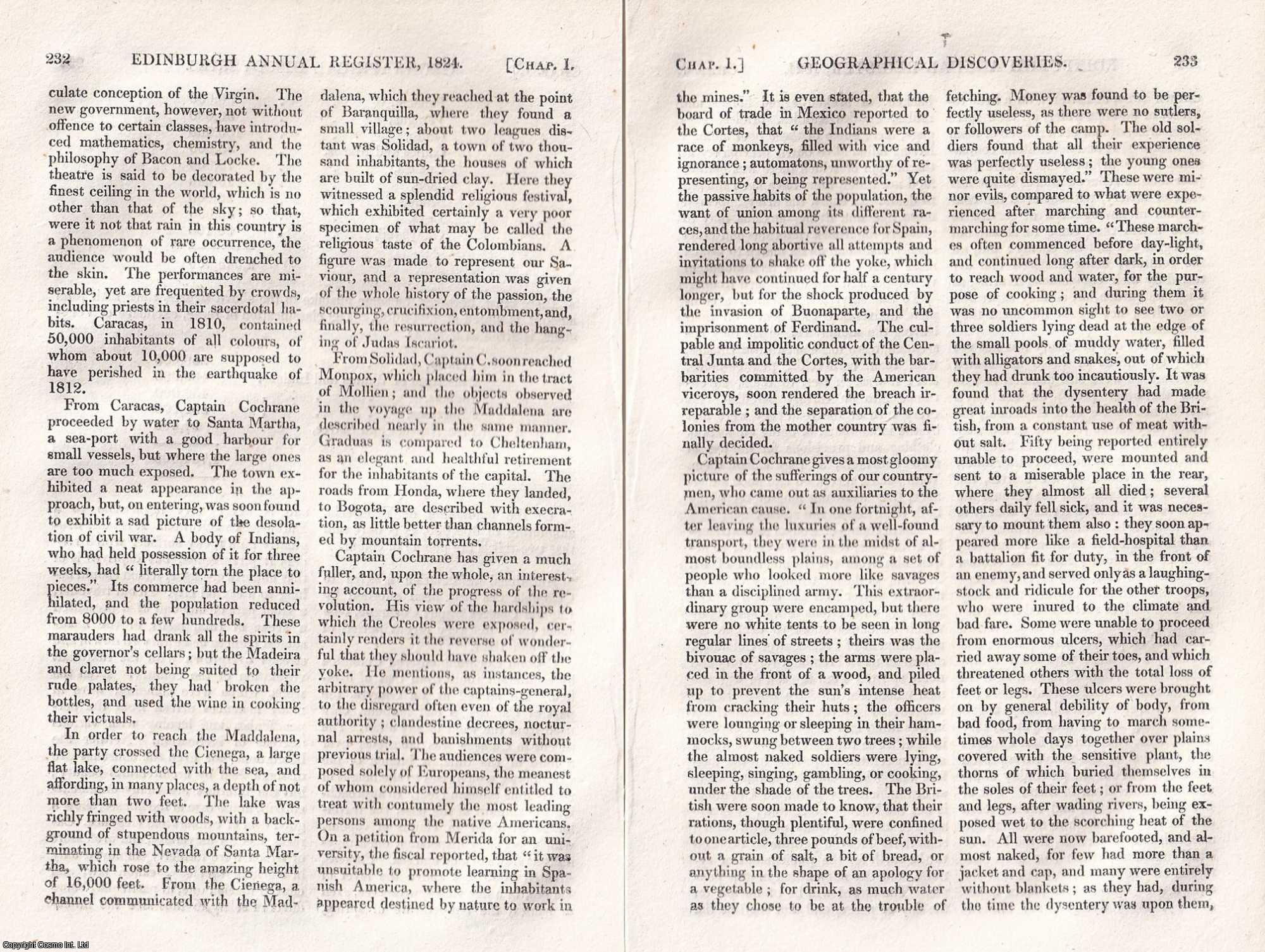 GEOGRAPHICAL DISCOVERIES - Mollien's Travels in Colombia; Cochrane & Caldcleugh's Travels in South America; Poinsett's Notes on Mexico; Northern Expeditions; Captain Lyon's Failure; Discoveries in the Interior of Africa; Cochrane's Journey through Siberia. An original article from The Edinburgh Annual Register, 1824.