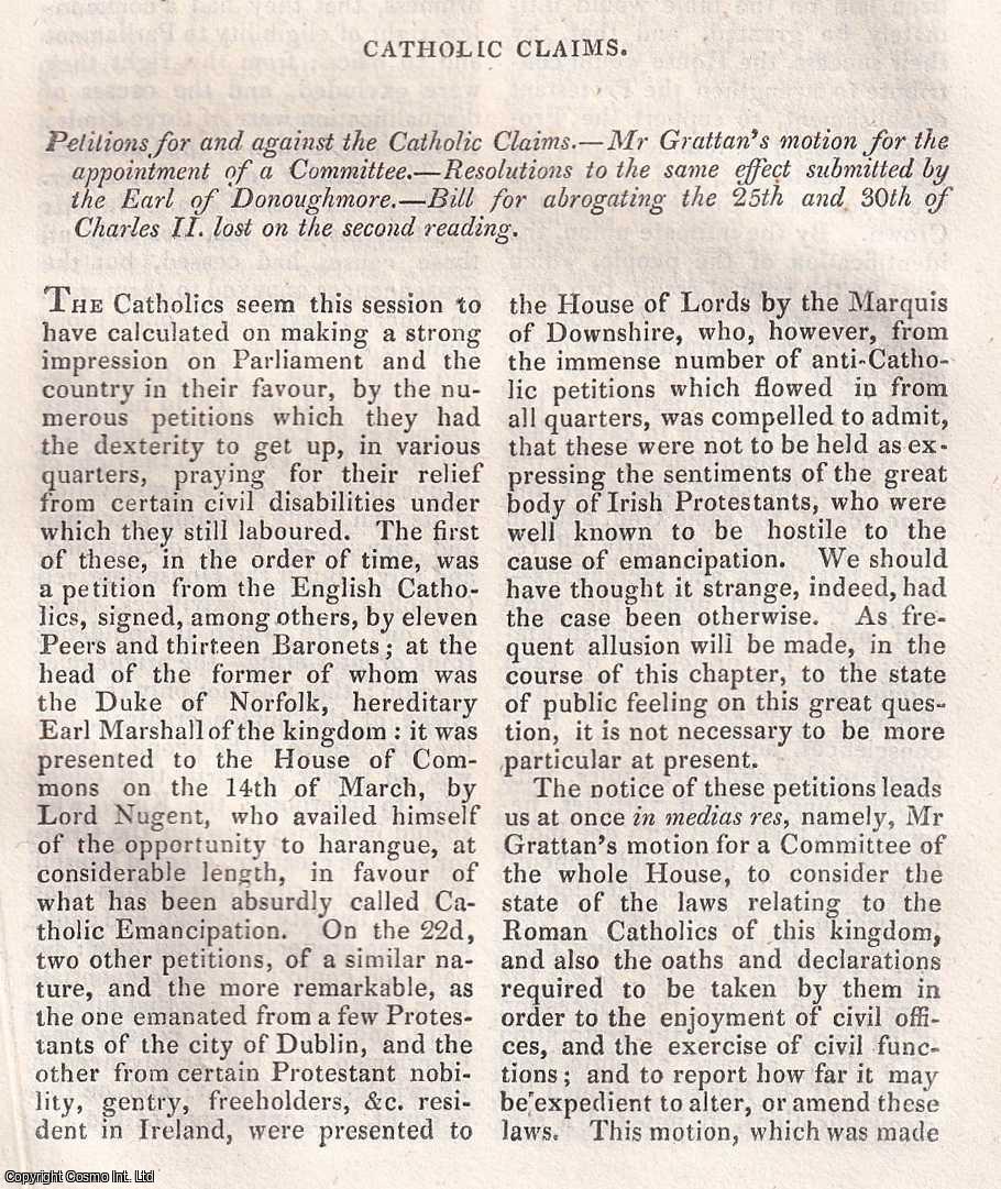 CATHOLIC EMANCIPATION - Petitions for and against the Catholic Claims; See picture for full contents. An original article from The Edinburgh Annual Register, 1819.