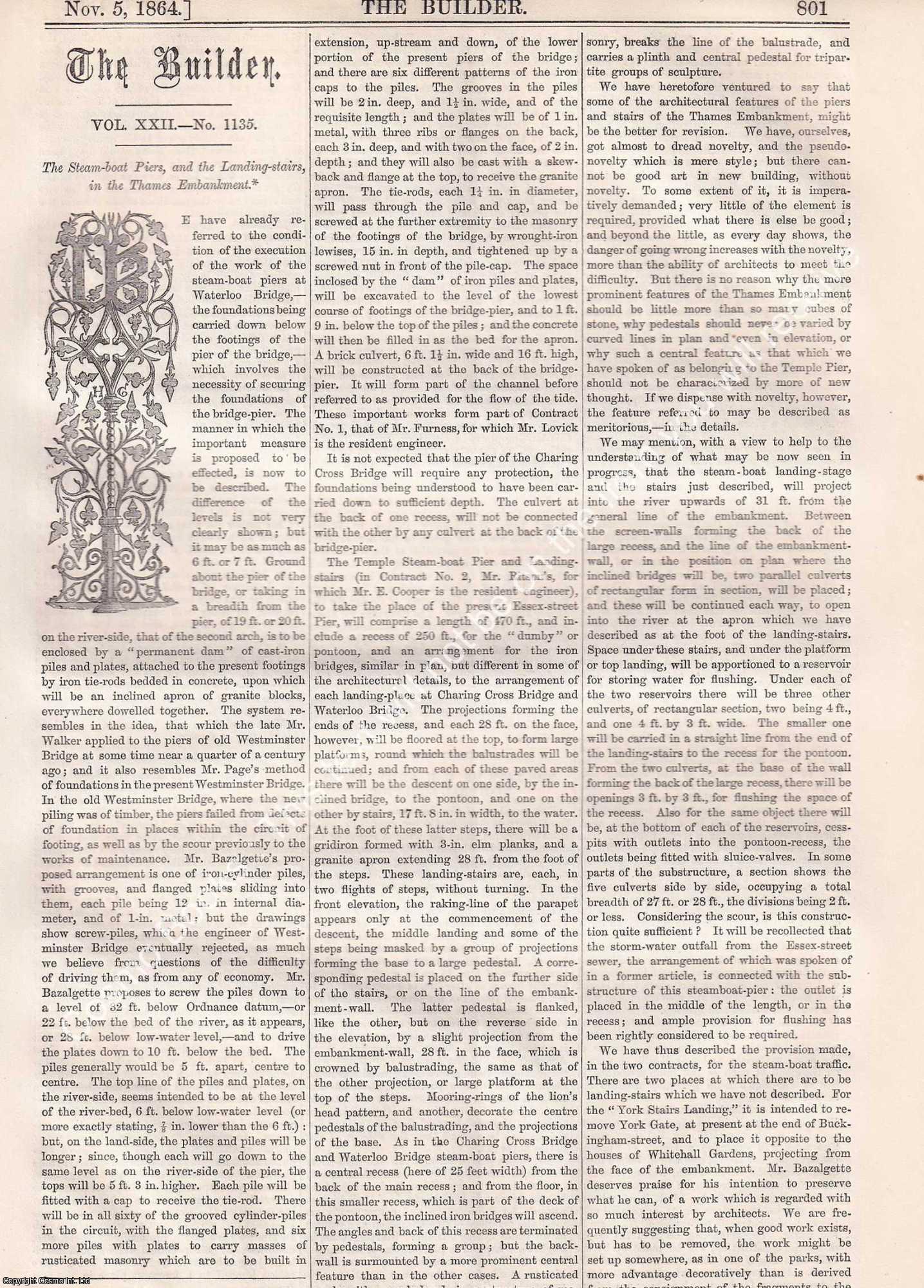 THAMES EMBANKMENT - 1864 : The Steam Boat Piers, and the Landing Stairs, in the Thames Embankment. Four original pages from The Builder. An Illustrated Weekly Magazine, for the Architect, Engineer, Archaeologist, Constructor, & Art-Lover.