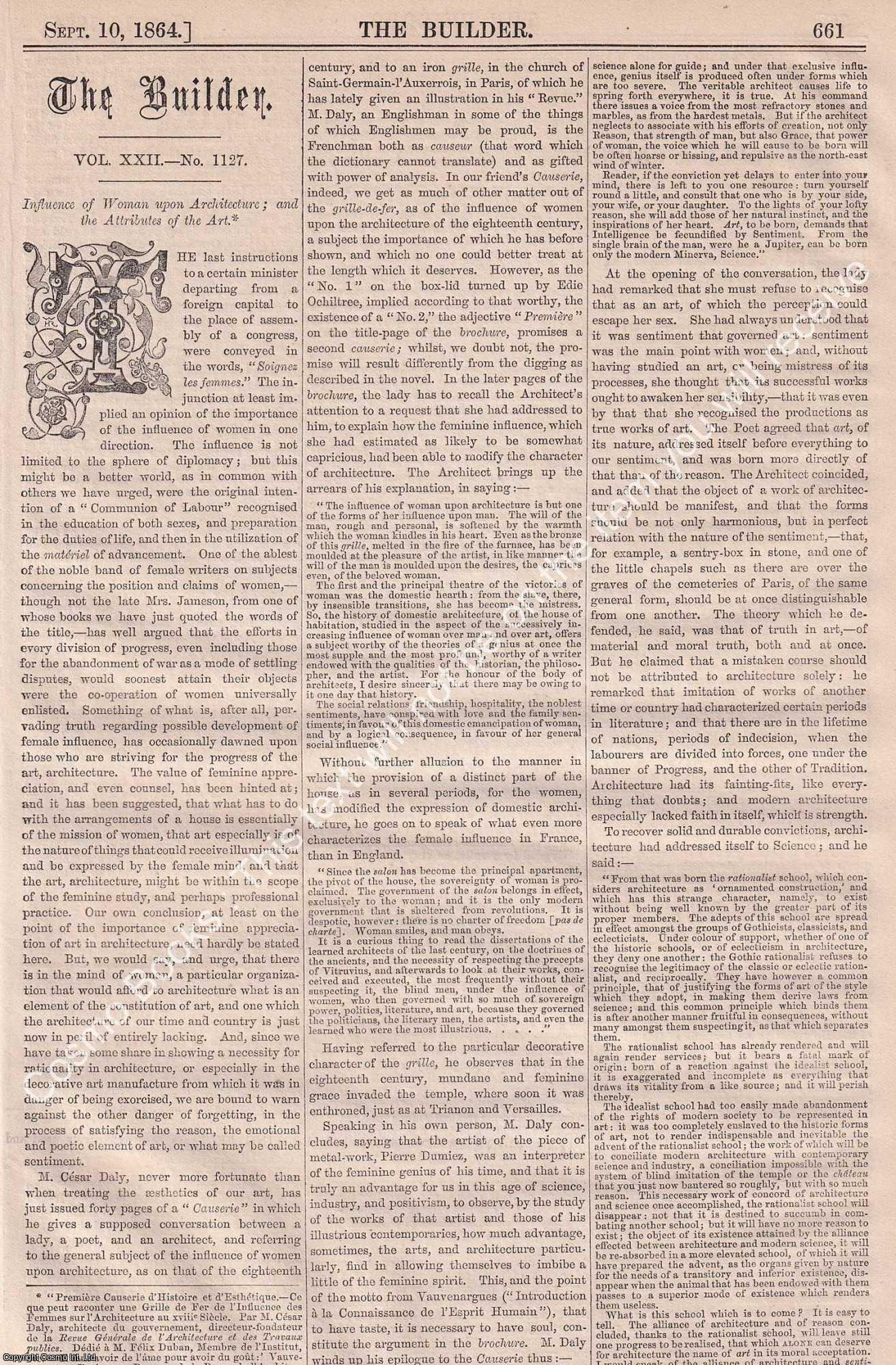 ARCHITECTURE - 1864 : Influence of Woman upon Architecture; and the Attributes of the Art. Four original pages from The Builder. An Illustrated Weekly Magazine, for the Architect, Engineer, Archaeologist, Constructor, & Art-Lover.