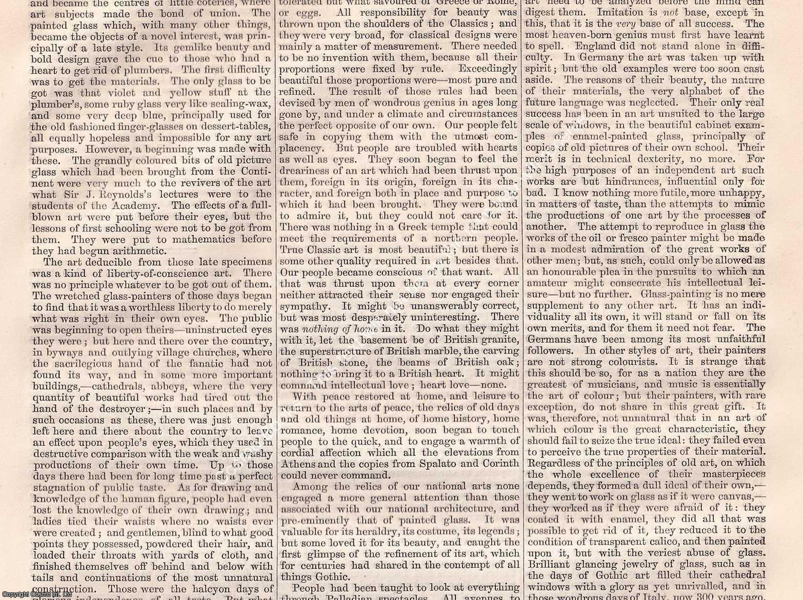 GLASS - 1864 : Glass Painting, Ancient & Modern. By Mr T. Gambier Perry. Read at the South Kensington Museum, July 4th. Six original pages from The Builder. An Illustrated Weekly Magazine, for the Architect, Engineer, Archaeologist, Constructor, & Art-Lover.