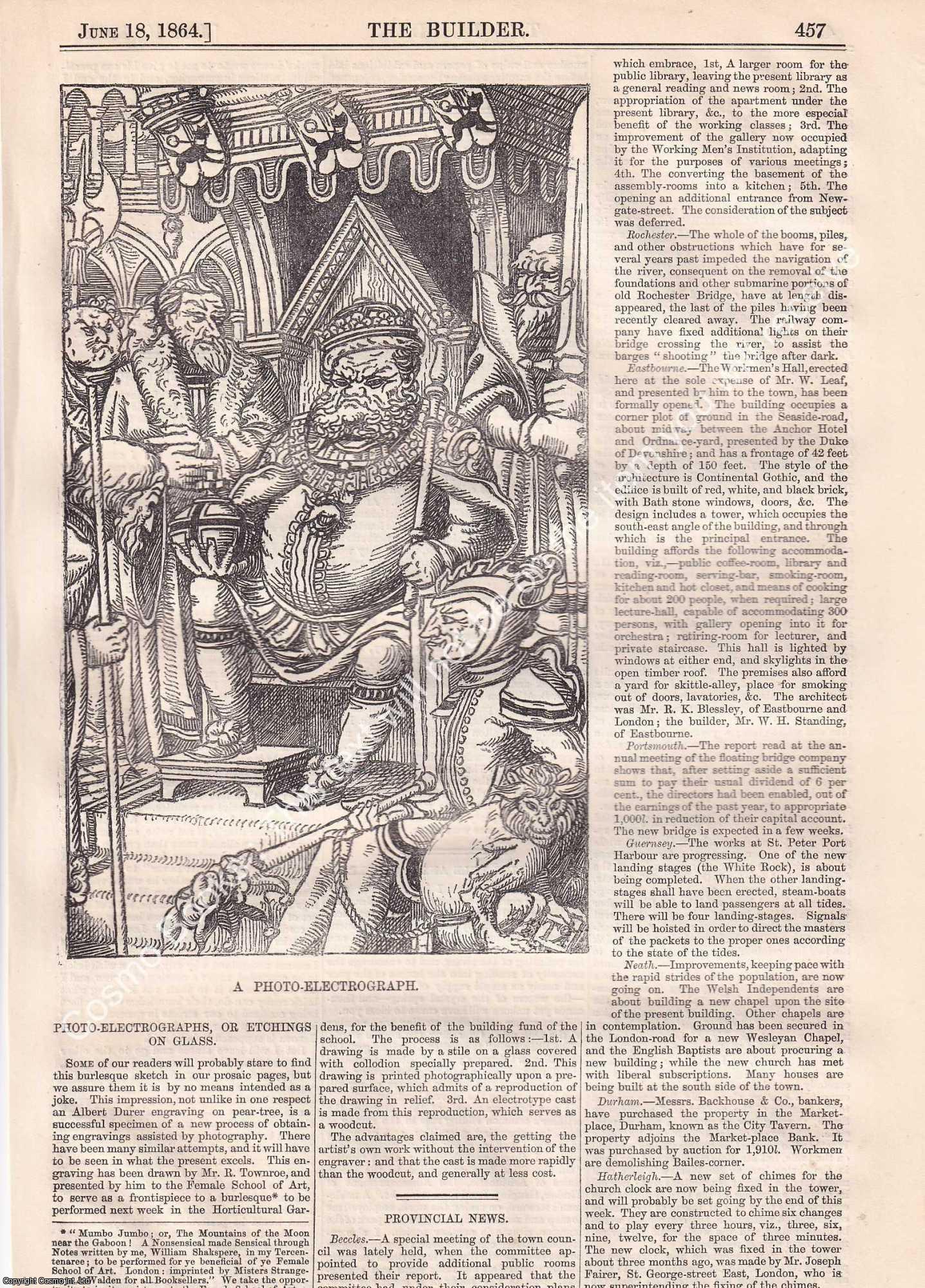 PHOTO ELECTROGRAPHS - 1864 : Photo Electrographs, or Etchings on Glass. An original page from The Builder. An Illustrated Weekly Magazine, for the Architect, Engineer, Archaeologist, Constructor, & Art-Lover.