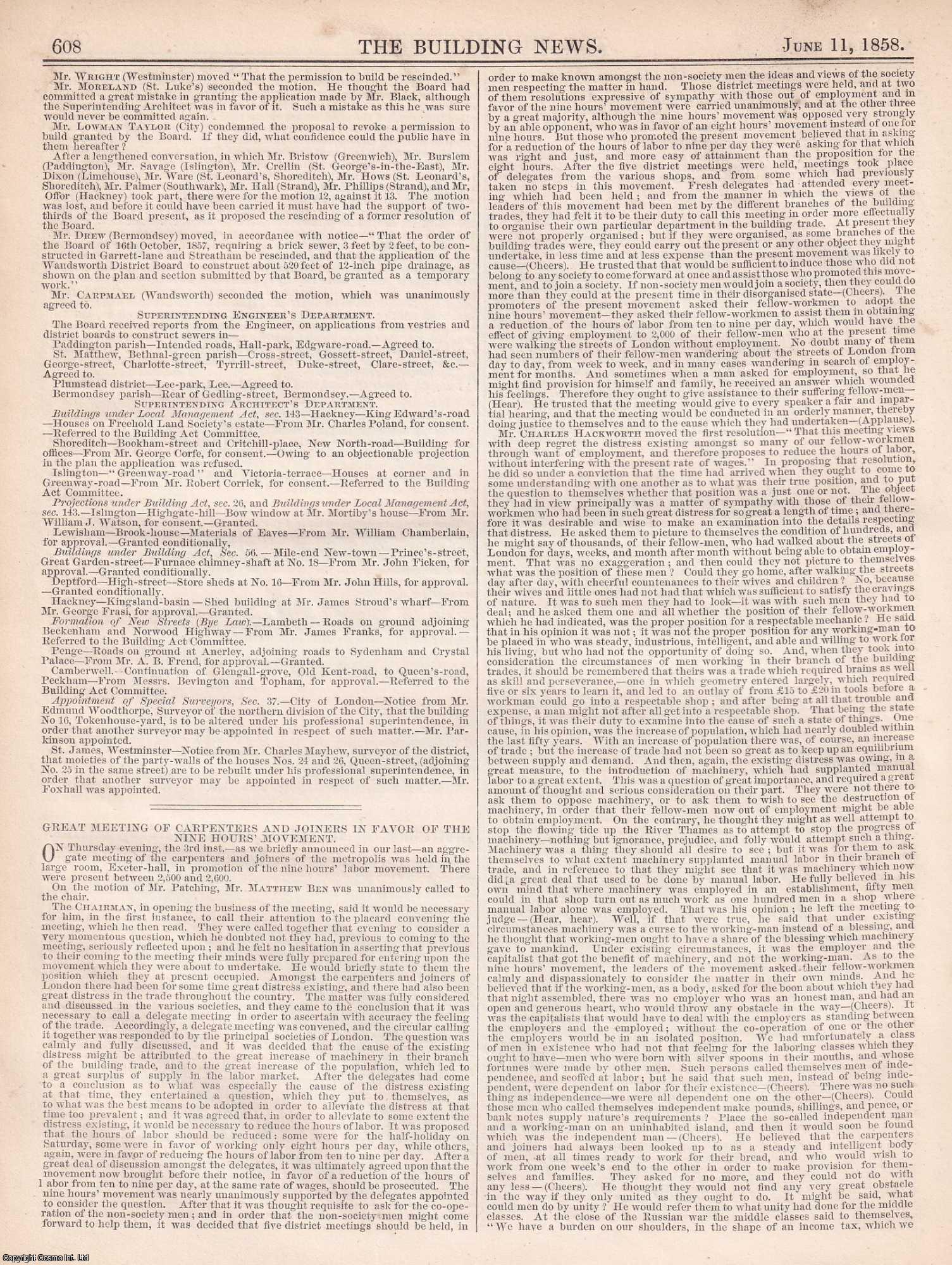 NINE HOURS' MOVEMENT - 1858 : Great Meeting of Carpenters and Joiners in Favour of the Nine Hours' Movement. Three original pages from The Building News & Engineering Journal.