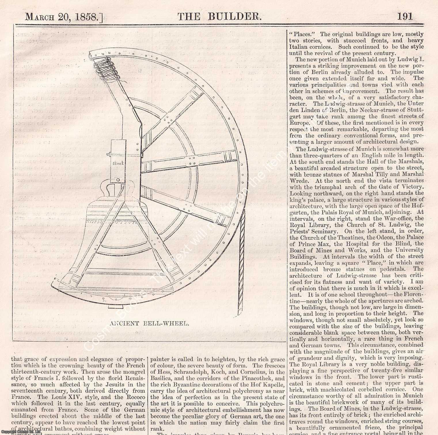 GERMAN ARCHITECTURE - 1858 : Modern German Architecture, by J.A. Picton. Three original pages from The Builder. An Illustrated Weekly Magazine, for the Architect, Engineer, Archaeologist, Constructor, & Art-Lover.