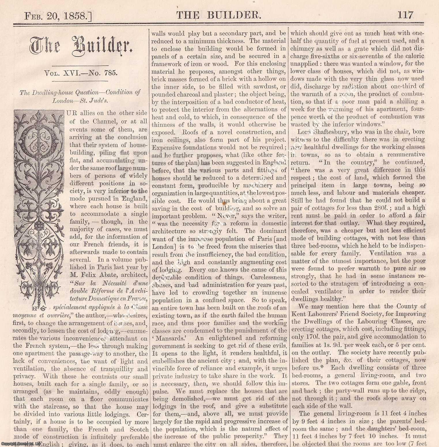 HOUSING - 1858 : The Dwelling House Question; Conditin of London; The District of St. Jude's. Two original pages from The Builder. An Illustrated Weekly Magazine, for the Architect, Engineer, Archaeologist, Constructor, & Art-Lover.
