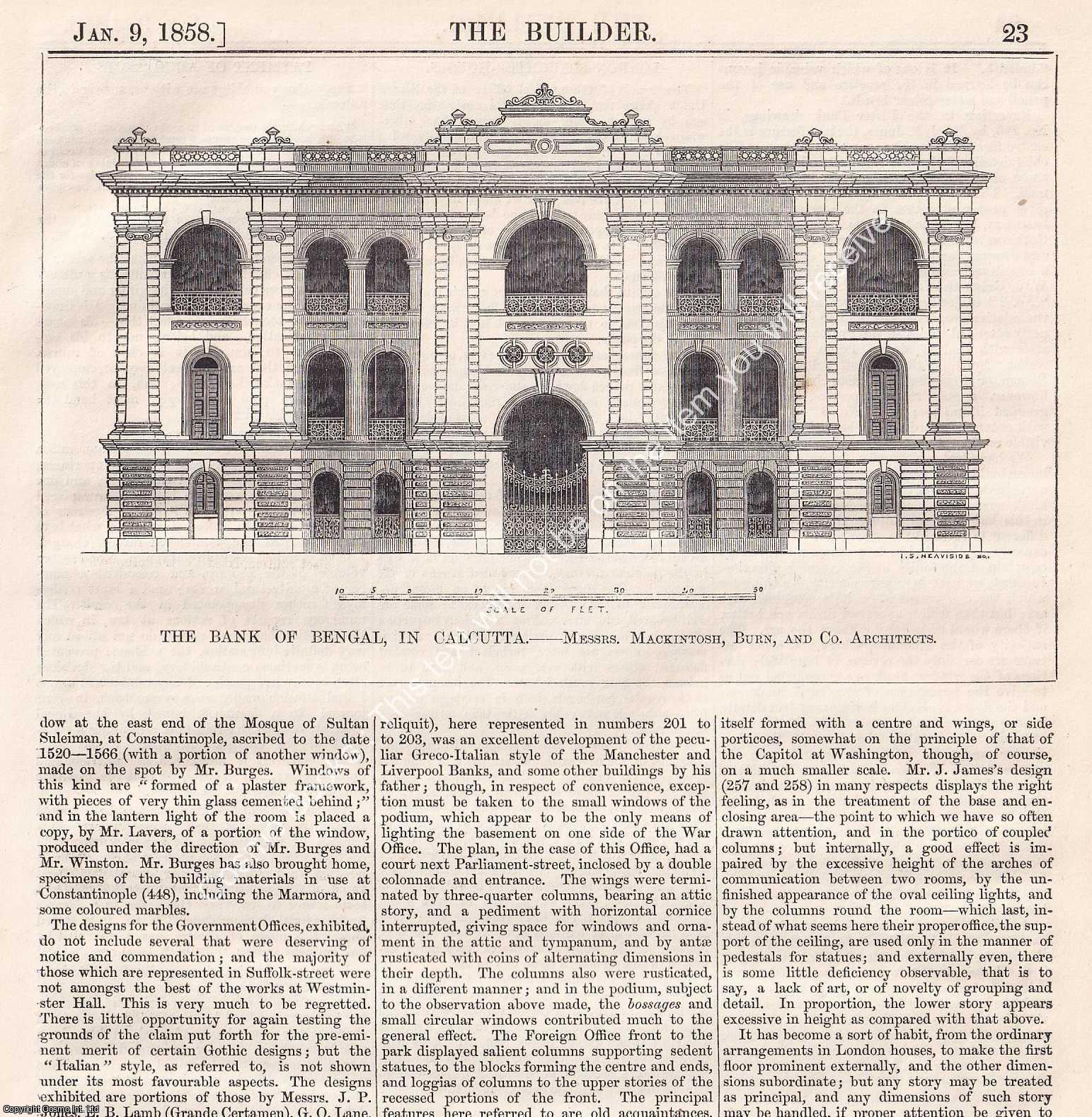 CALCUTTA - 1858 : The Bank of Bengal, in Calcutta. Messrs. Mackintosh, Burn, and Co. Architects. Two original pages from The Builder. An Illustrated Weekly Magazine, for the Architect, Engineer, Archaeologist, Constructor, & Art-Lover.