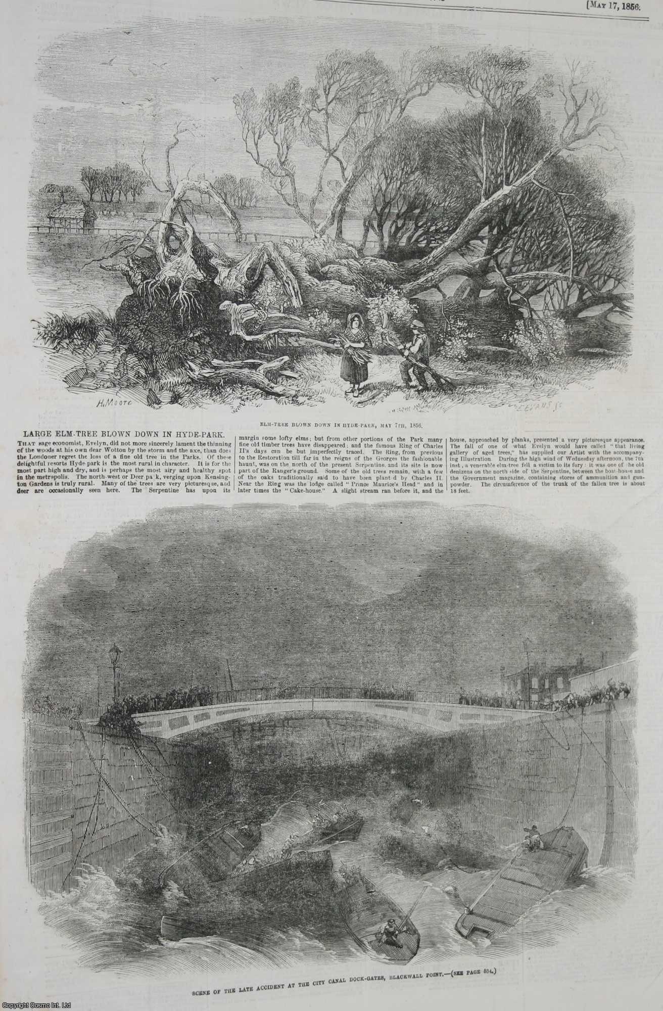 WEST INDIA DOCKS - The Accident at the City Canal Dock-Gates, Blackwall Point, West India Docks, Limehouse. An original page from The Illustrated London News, 1856.