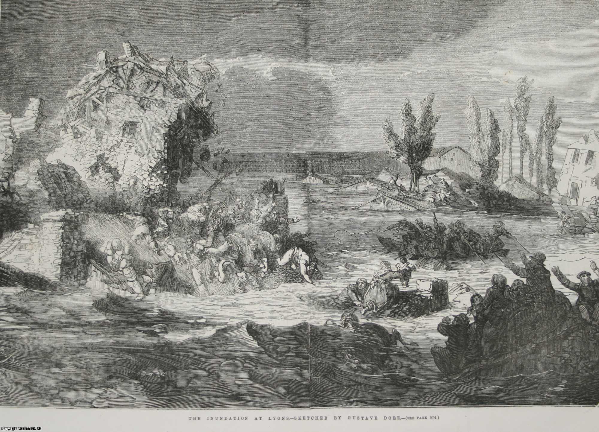 GUSTAVE DORE - The Inundation at Lyons; Sketched by Gustave Dore. An original page from The Illustrated London News, 1856.