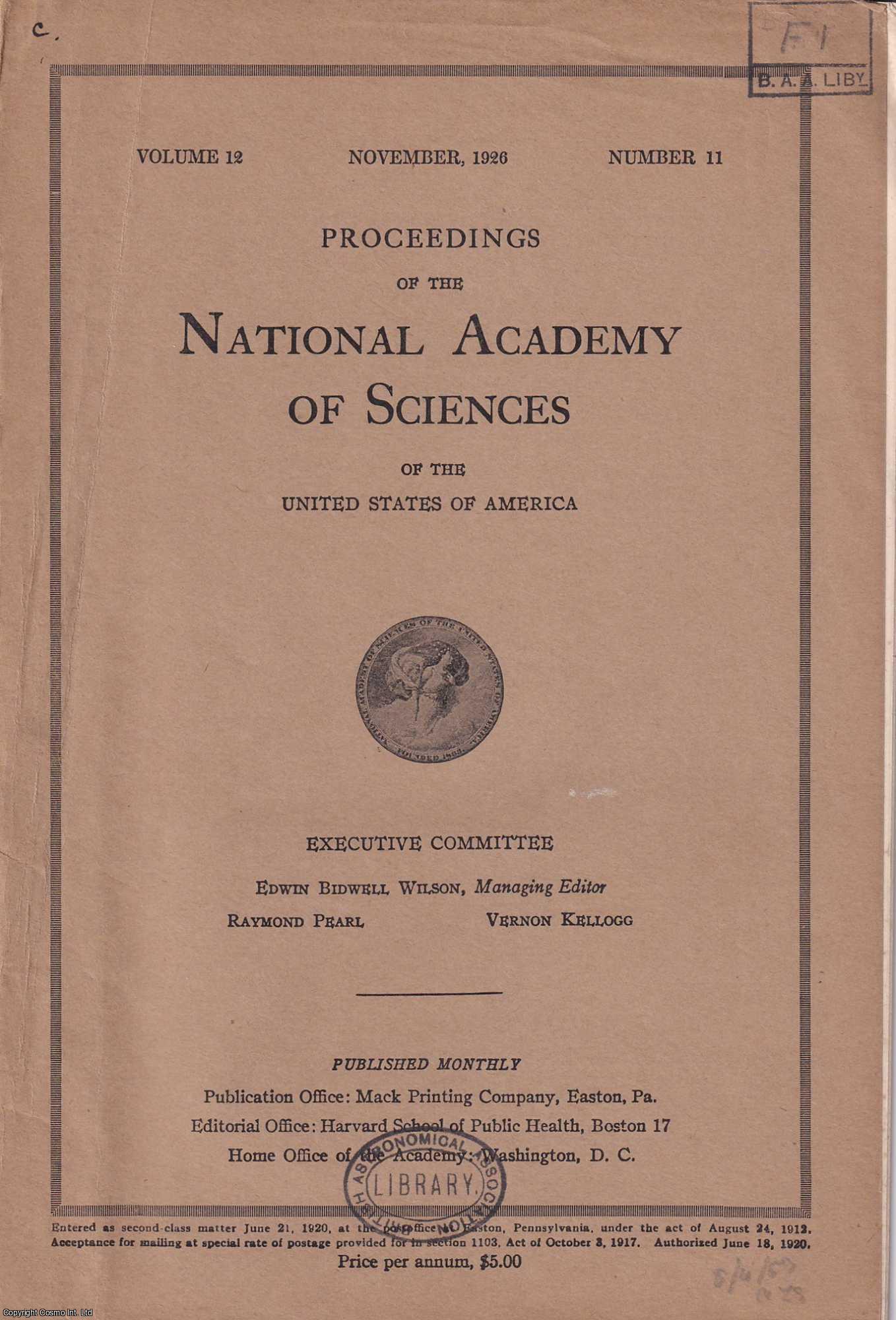 GENETICS - The Development of Mendelian Characters in Aplocheilus Latipes, by H.B. Goodrich. Included in a complete issue of Proceedings of the National Academy of Sciences of the USA., Volume 12, Number 11, November 1926. See pictures for full contents.