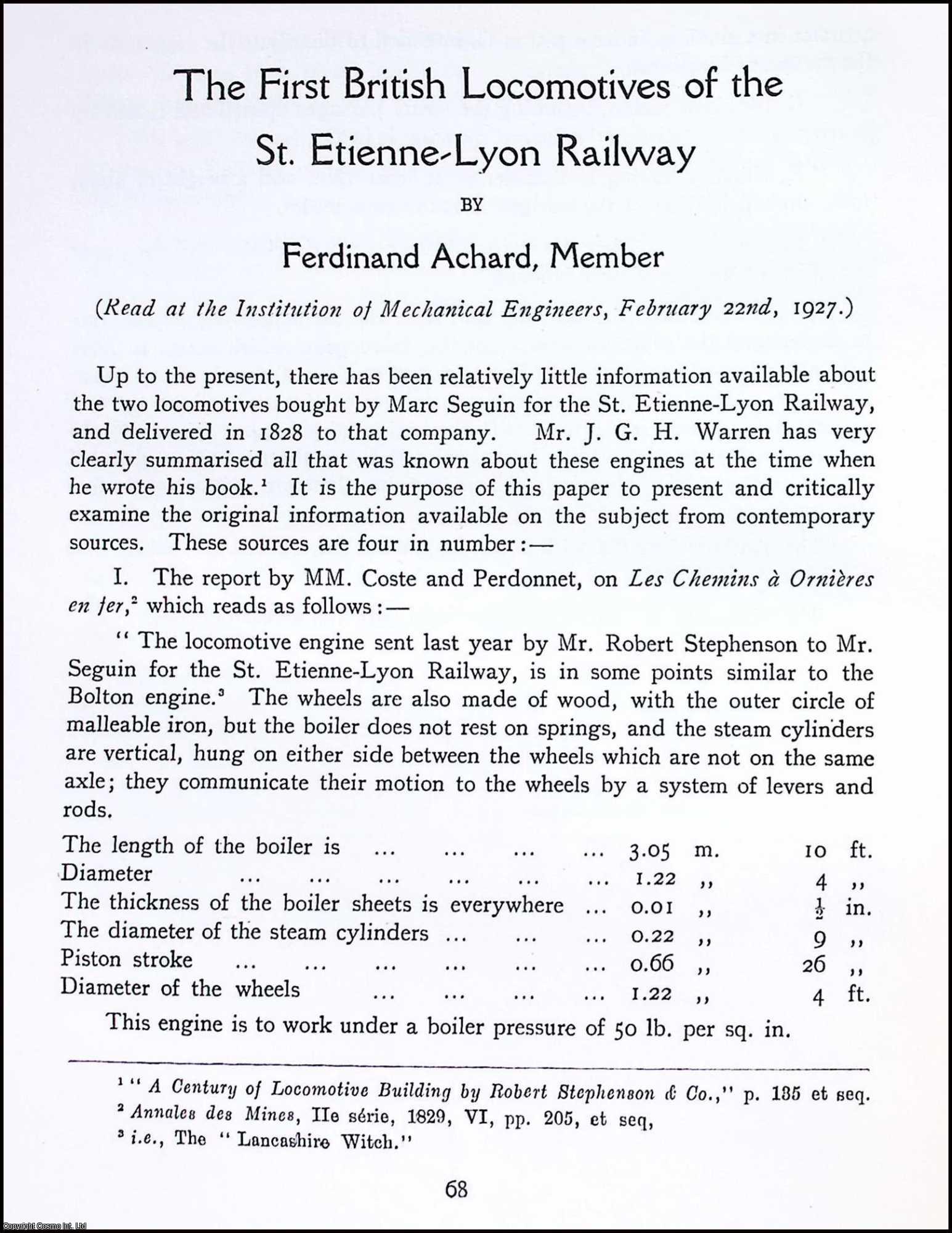 Ferdinand Achard - The First British Locomotives of the St. Etienne-Lyon Railway. This is an uncommon original article from the The Newcomen Society Transactions, 1927.