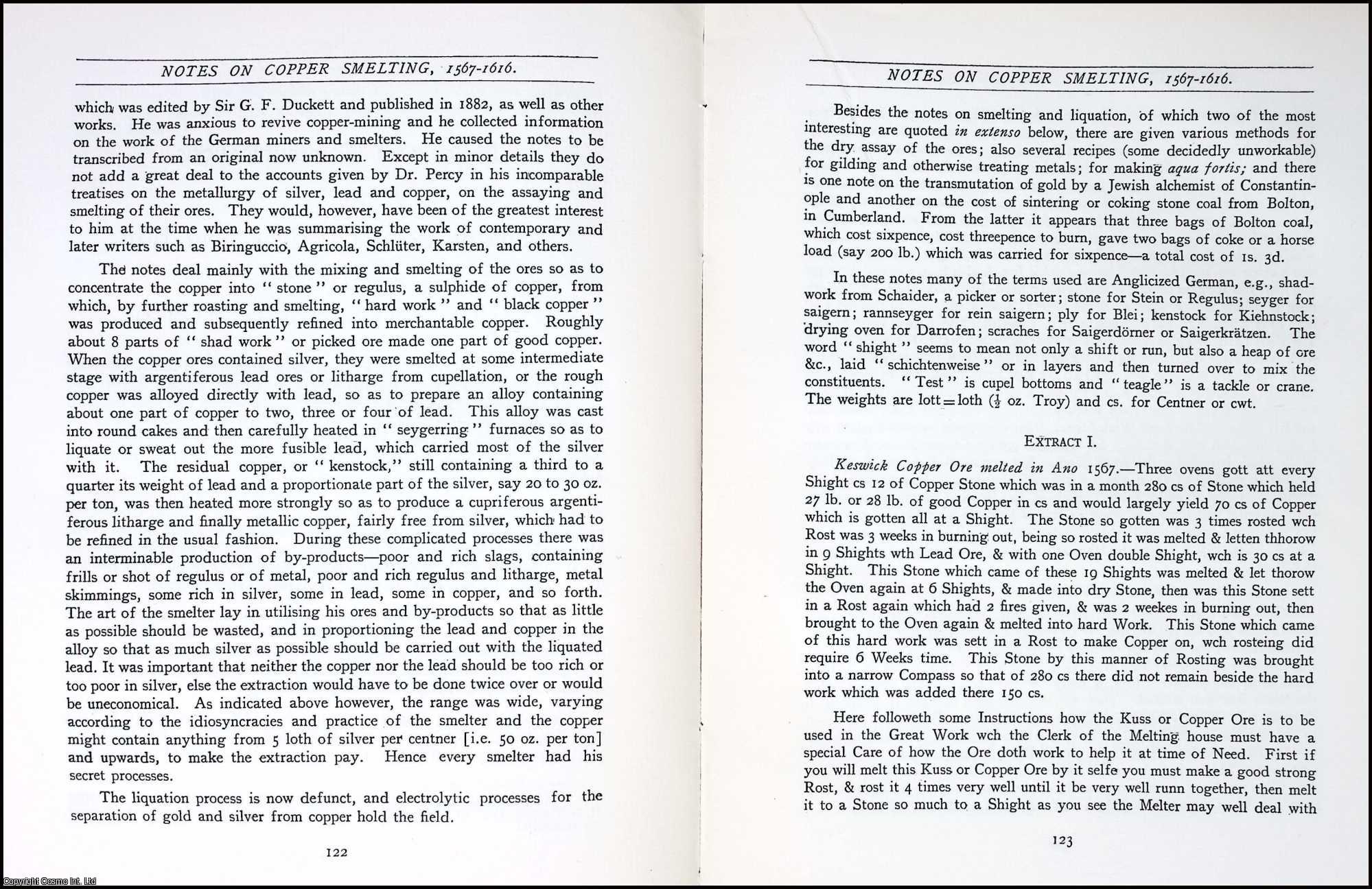 H.G. Graves - Copper Smelting, 1567-1616. This is an uncommon original article from the The Newcomen Society Transactions, 1927.