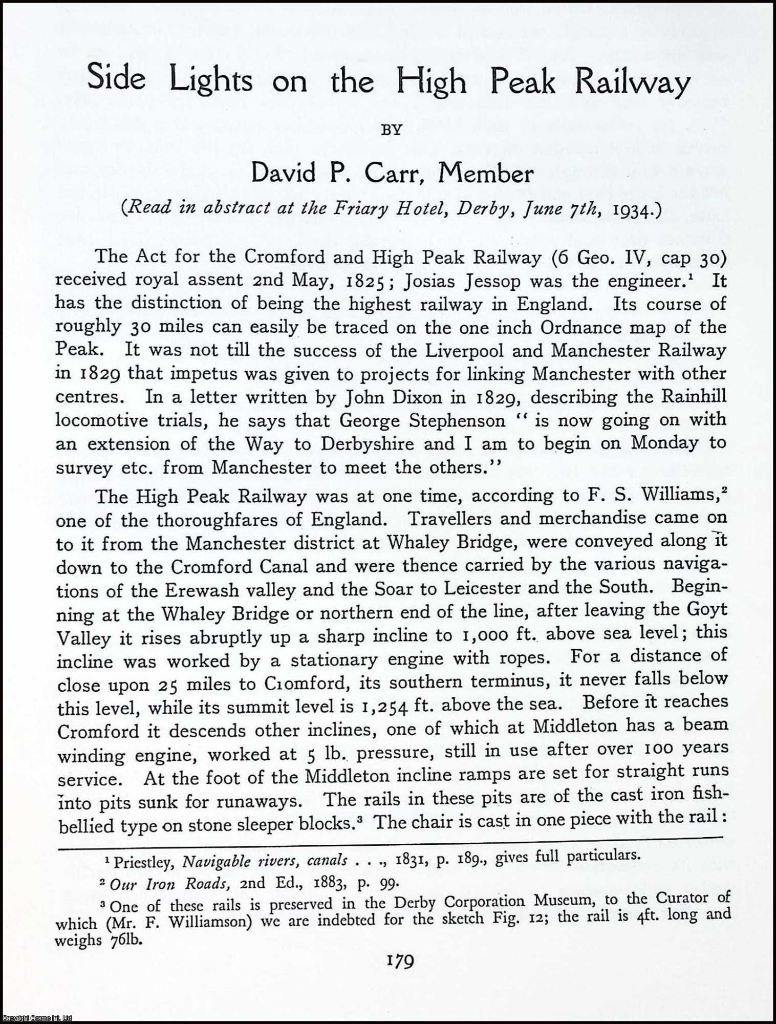 David P. Carr - Side Lights on the High Peak Railway. This is an uncommon original article from the The Newcomen Society Transactions, 1934.