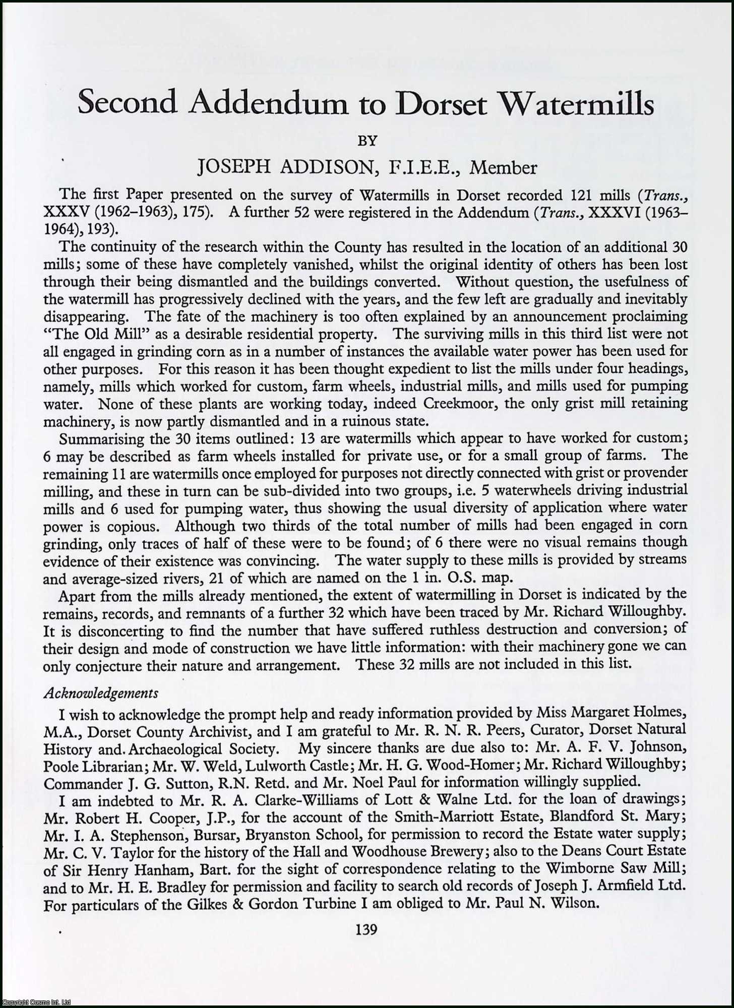 Joseph Addison - Second Addendum to Dorset Watermills. This is an uncommon original article from the The Newcomen Society Transactions, 1969.