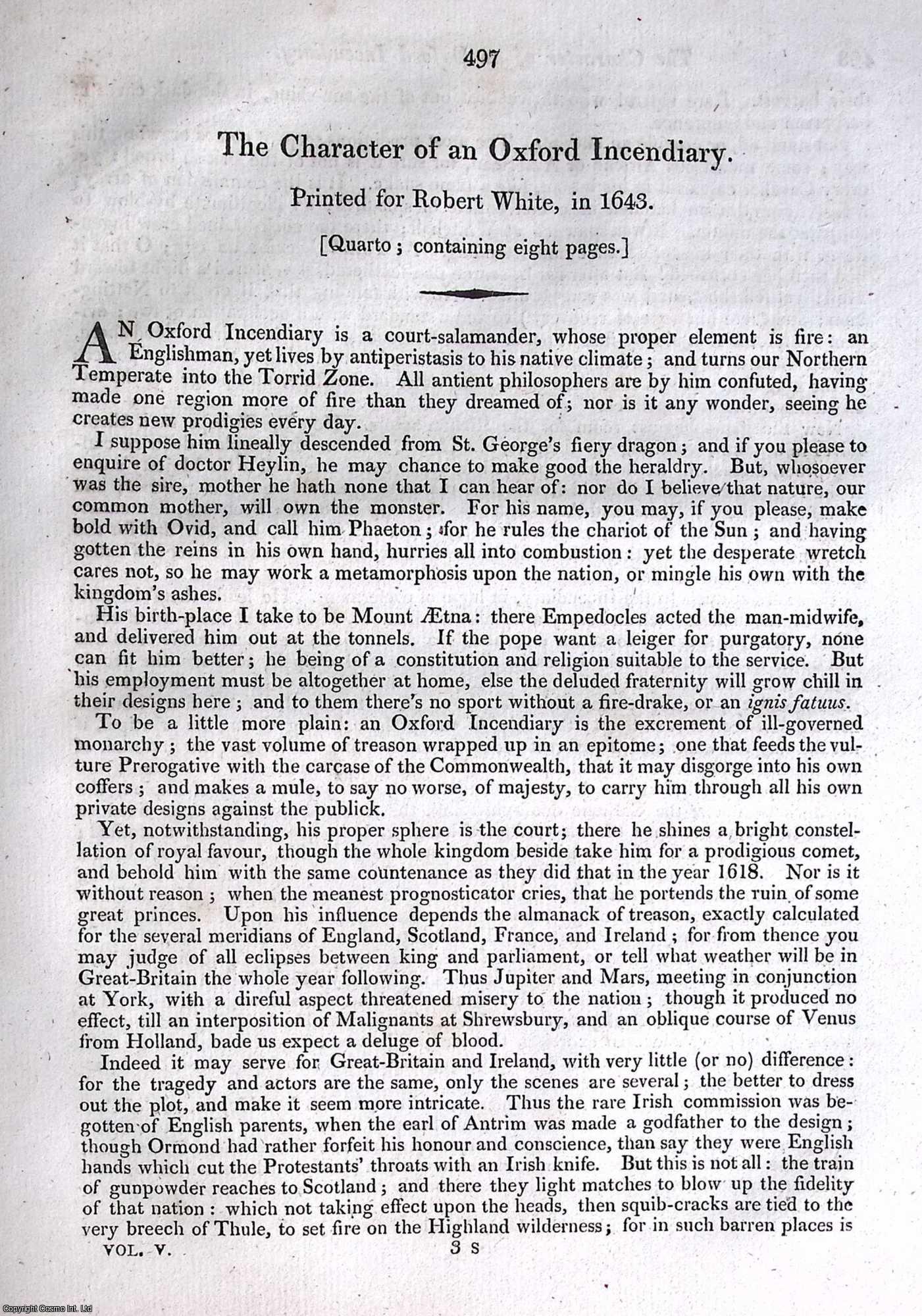 1643 POLEMICAL ATTACK ON THE ROYALIST COURT - 1643 : The Character of an Oxford Incendiary. A rare original large format article from the Harleian Miscellany, 1810.